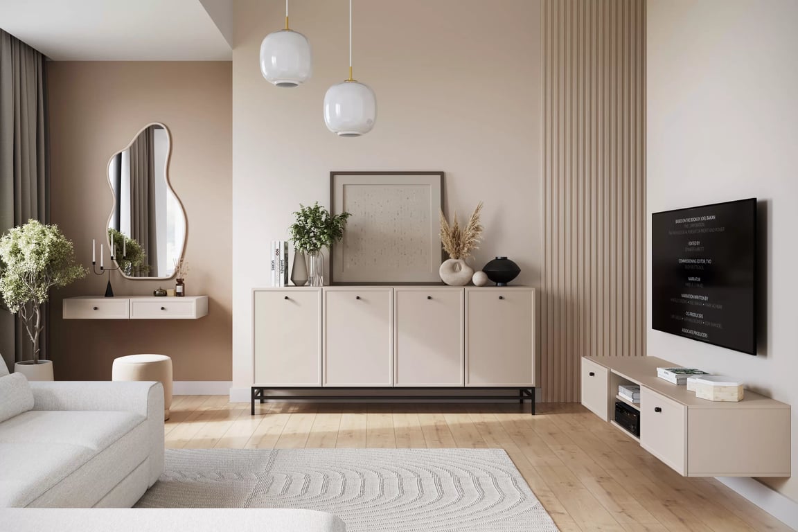 Závesný TV stolík Lorini 150 cm so zásuvkami – kašmírová / čierne úchytky TV skrinka závesná Lorini 150 cm so zásuvkami - kašmír / čierny úchyty