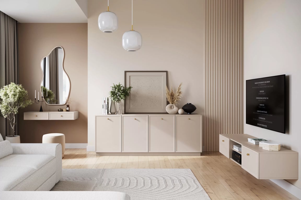 Závesný TV stolík Lorini 150 cm so zásuvkami – kašmírová / zlaté úchytky TV skrinka závesná Lorini 150 cm so zásuvkami - kašmír / zlote úchyty