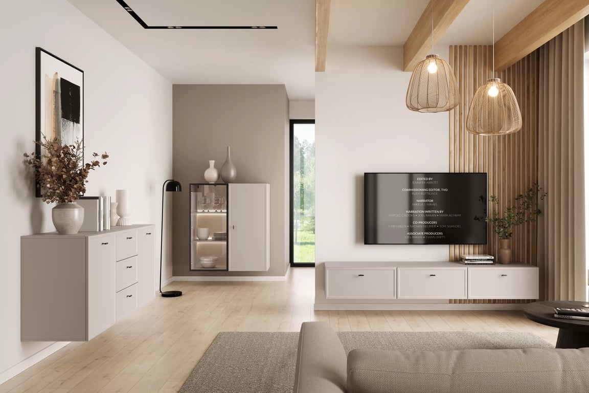 Závesný TV stolík Lorini 200 cm so zásuvkami – kašmírová / čierne úchytky T-bar TV skrinka závesná Lorini 200 cm so zásuvkami - kašmír / čierny úchyty T-bar