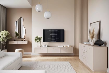 TV skrinka závesná Lorini 200 cm so zásuvkami - kašmír / zlote úchyty T-bar TV skrinka závesná Lorini 200 cm so zásuvkami - kašmír / zlote úchyty T-bar