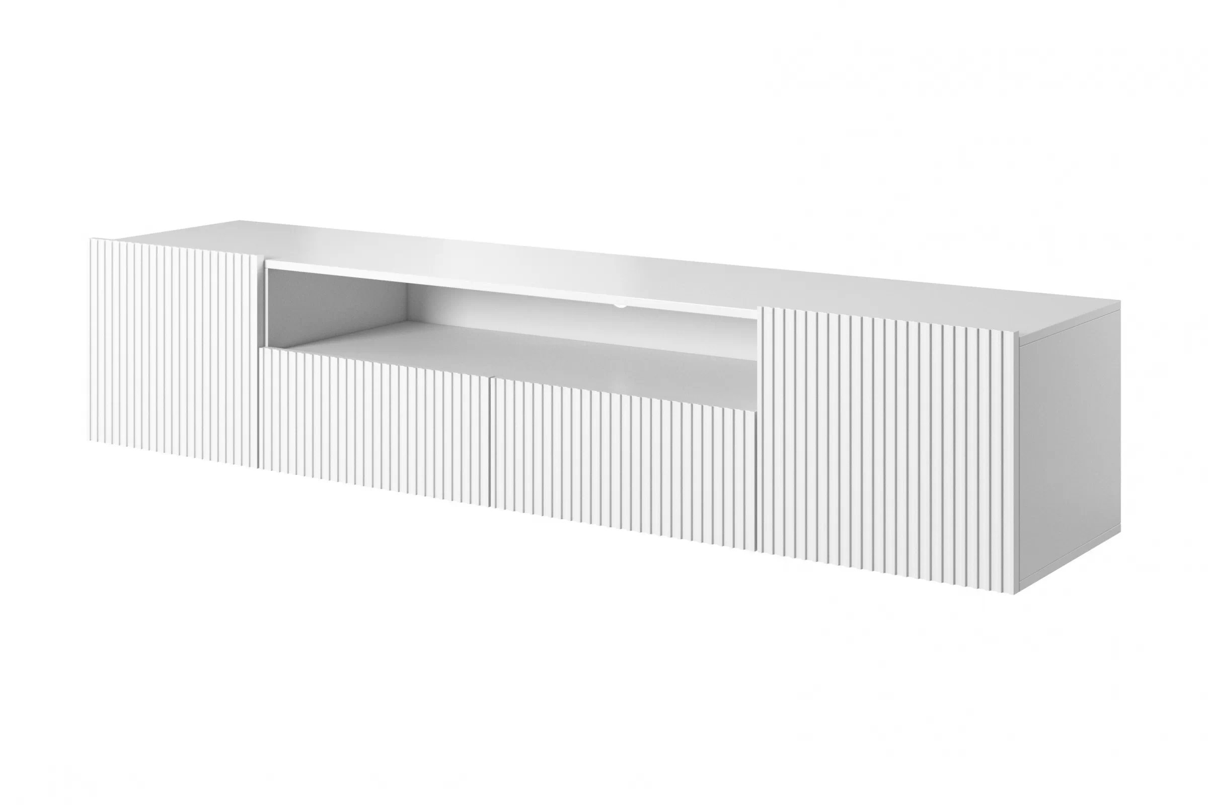 Závesná TV skrinka Nicole 200 cm s výklenkom a zásuvkami - biela / biely mat TV skrinka závesná Nicole 200 cm z wneka i zásuvkami - biela / biela mat