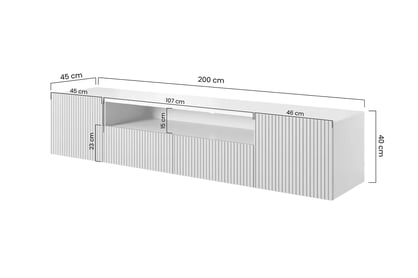 Závěsný TV stolek Nicole 200 cm s výklenkem a zásuvkami - bílý mat Skříňka RTV závěsná Nicole z wneka i zásuvkami 200 cm - bílá / bílá mat