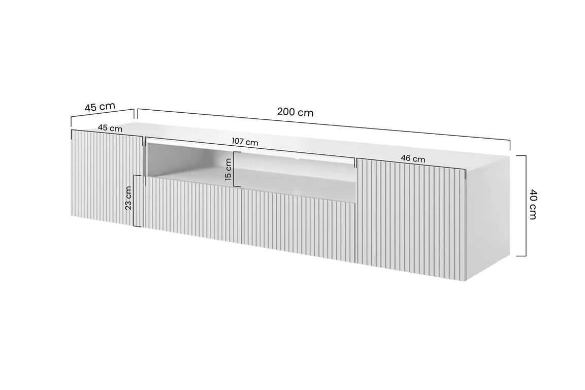 Závěsný TV stolek Nicole 200 cm s výklenkem a zásuvkami - bílý mat Skříňka RTV závěsná Nicole z wneka i zásuvkami 200 cm - bílá / bílá mat