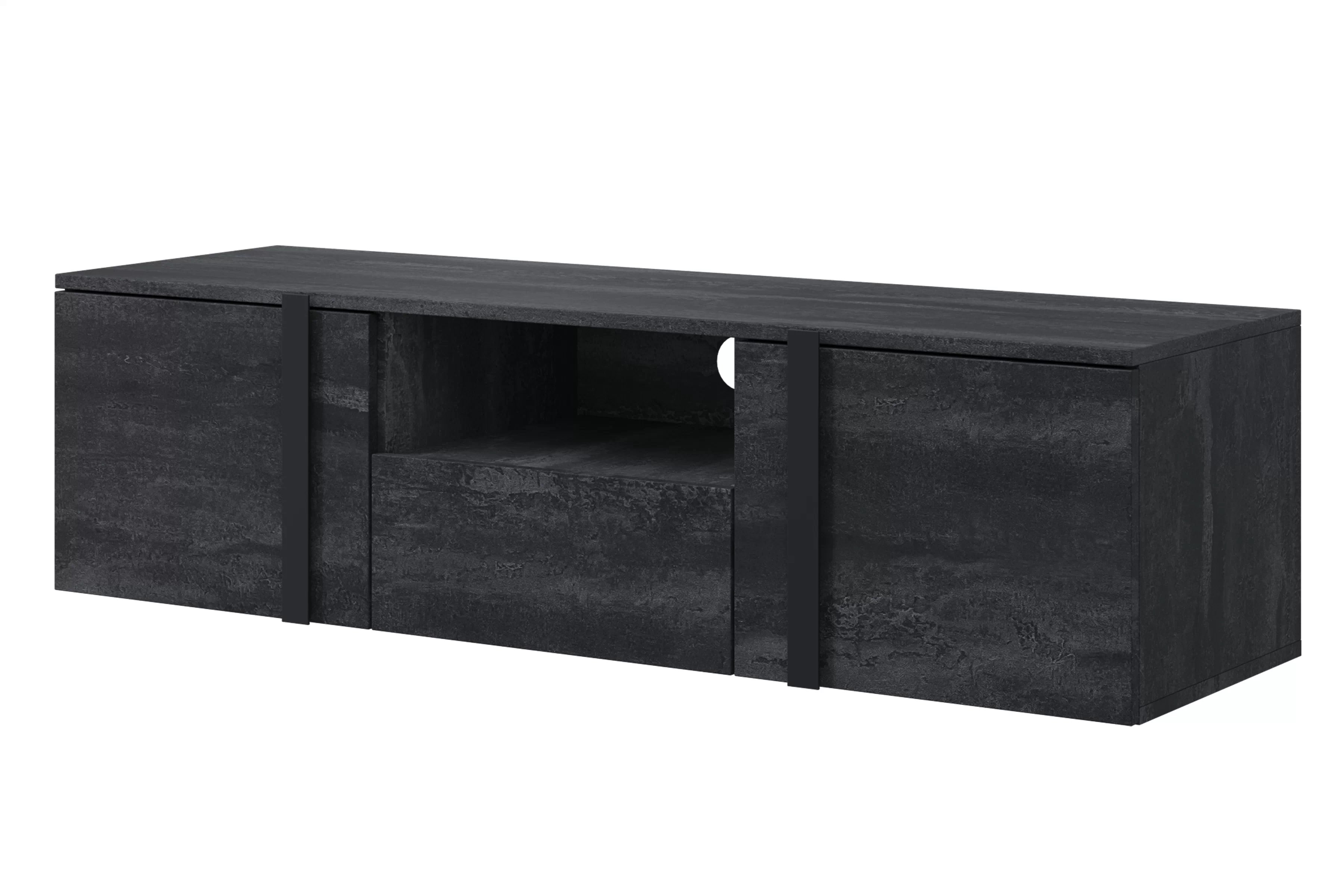 Závesný TV stolík Verica 150 cm s otvorenými priehradkami a zásuvkou - čierny betón / čierne úchyty - Limitovaná ponuka TV skrinka závesná Verica 150 cm z wneka i szuflada - Čierny beton / čierny úchyty