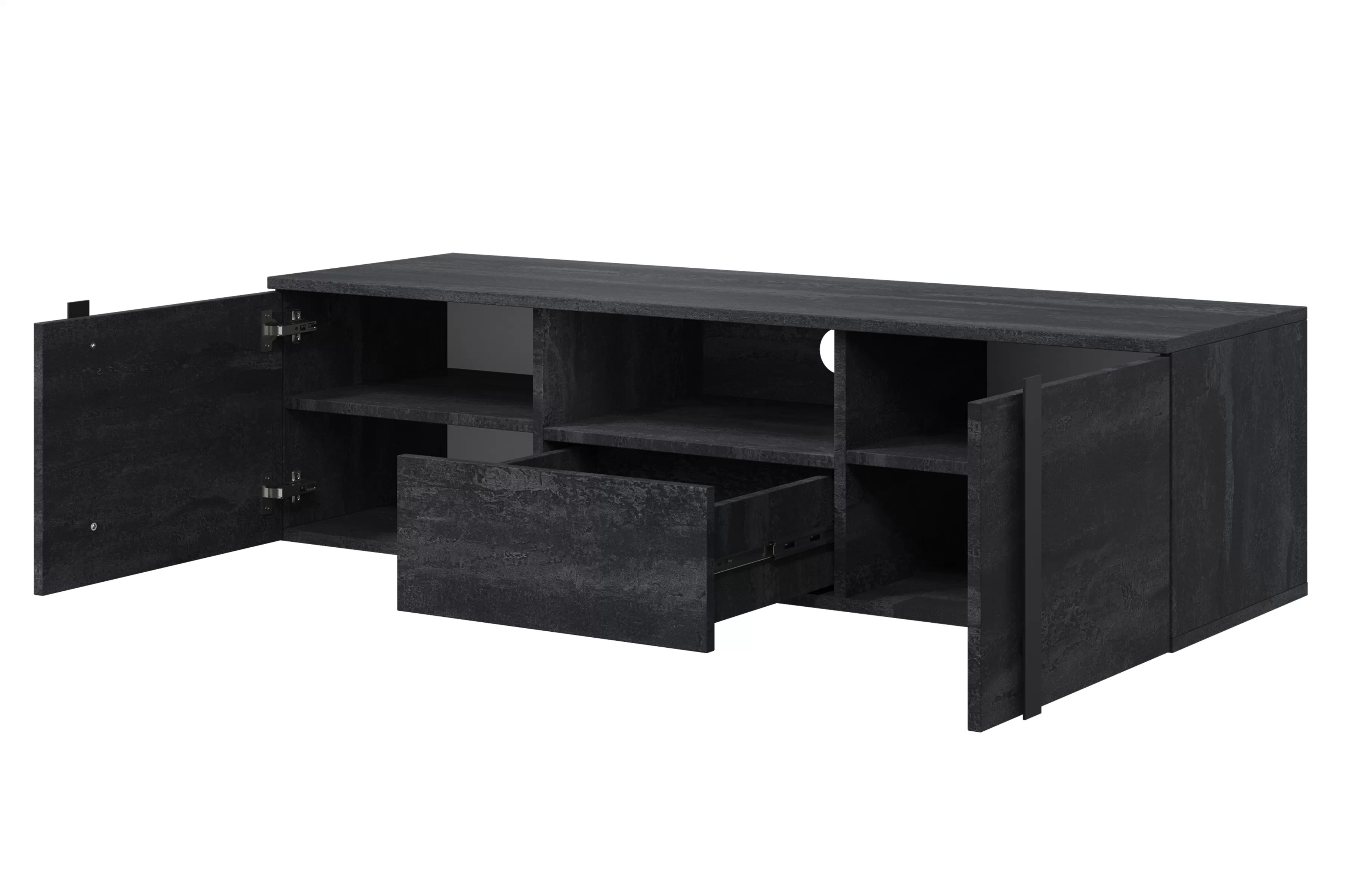 Závesný TV stolík Verica 150 cm s otvorenými priehradkami a zásuvkou - čierny betón / čierne úchyty - Limitovaná ponuka TV skrinka závesná Verica 150 cm z wneka i szuflada - Čierny beton / čierny úchyty