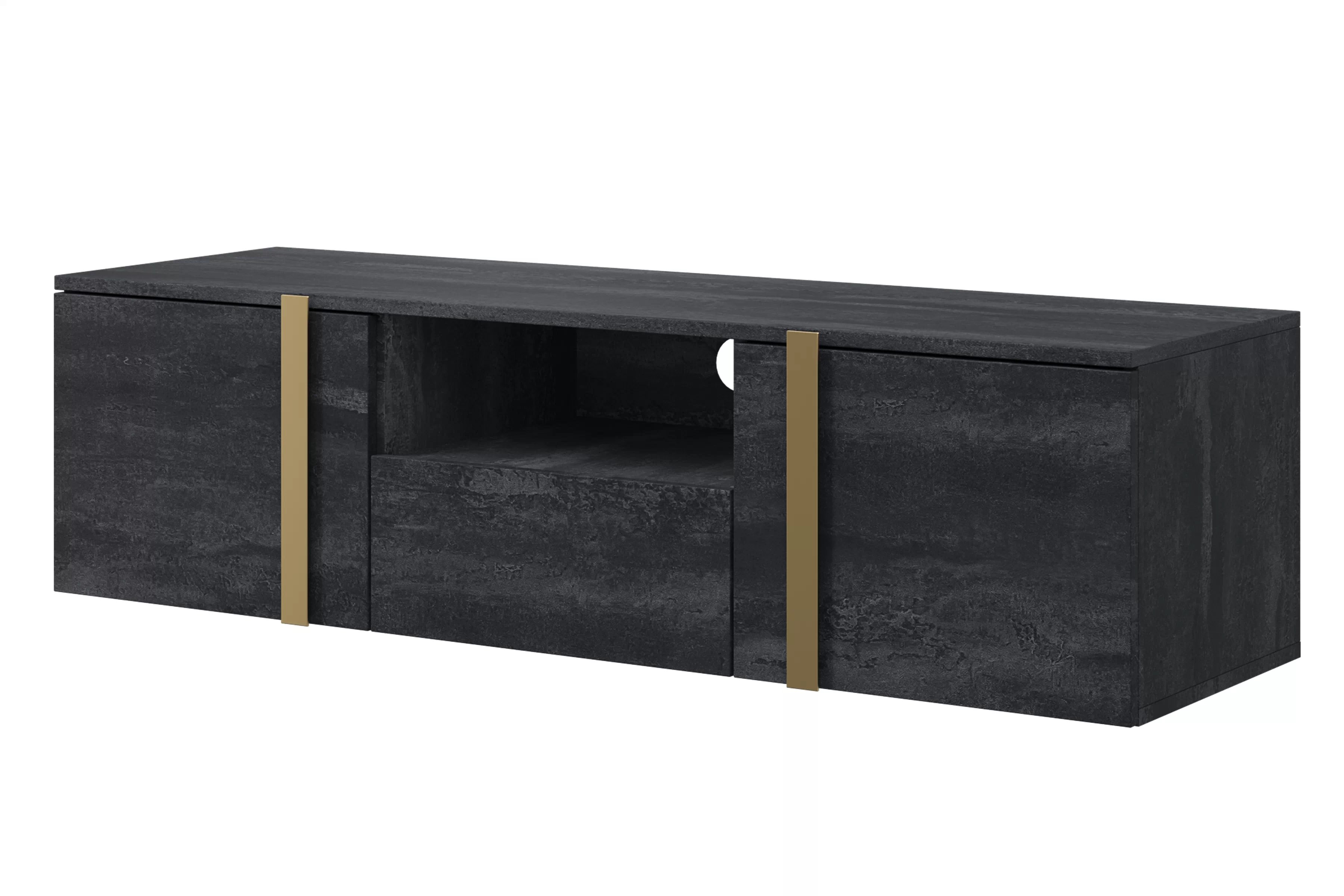 Závesný TV stolík Verica 150 cm s otvorenými priehradkami a zásuvkou - čierny betón / zlaté úchyty - Limitovaná ponuka TV skrinka závesná Verica 150 cm z wneka i szuflada - Čierny beton / zlote úchyty