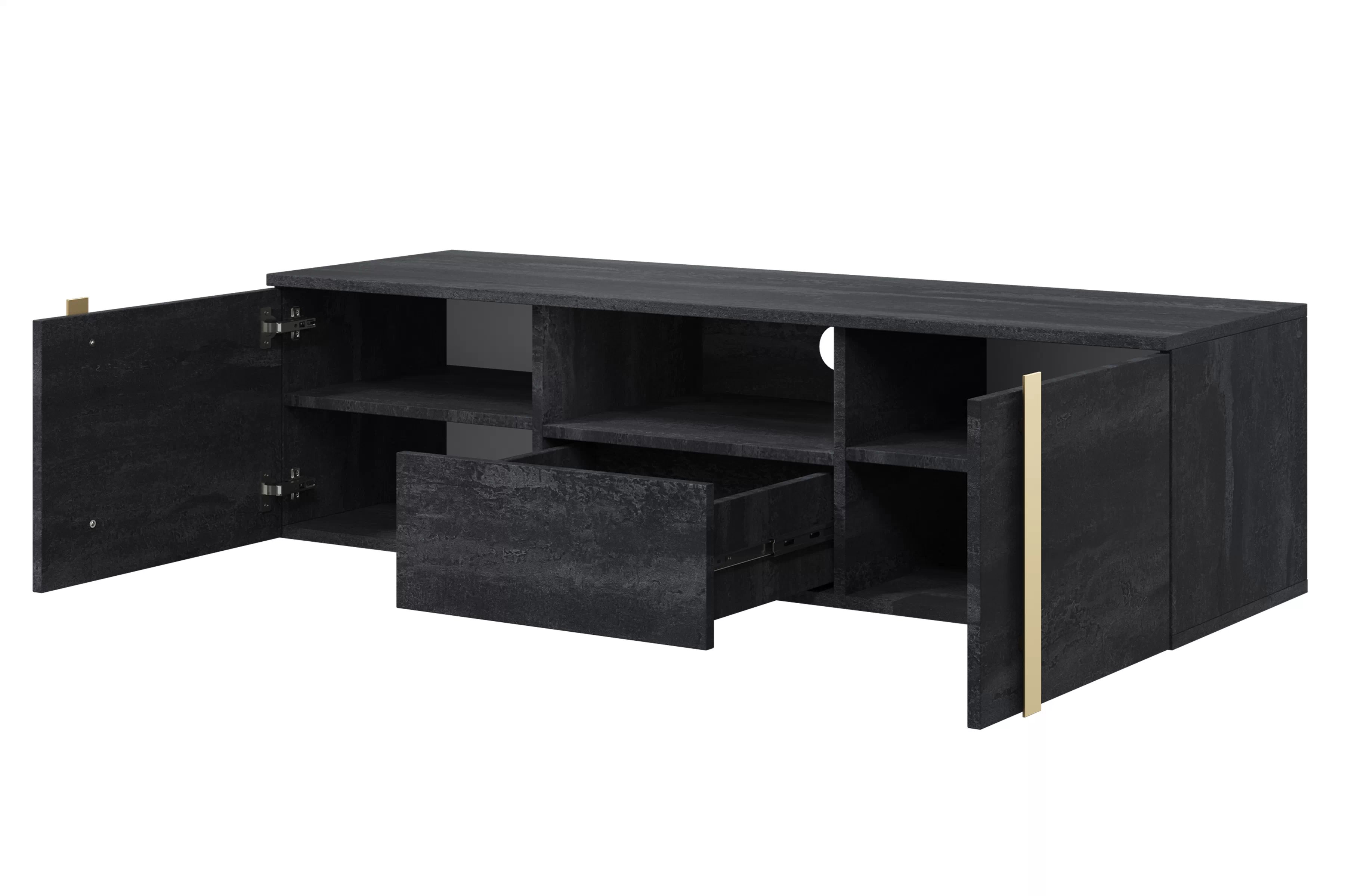 Závesný TV stolík Verica 150 cm s otvorenými priehradkami a zásuvkou - čierny betón / zlaté úchyty - Limitovaná ponuka TV skrinka závesná Verica 150 cm z wneka i szuflada - Čierny beton / zlote úchyty