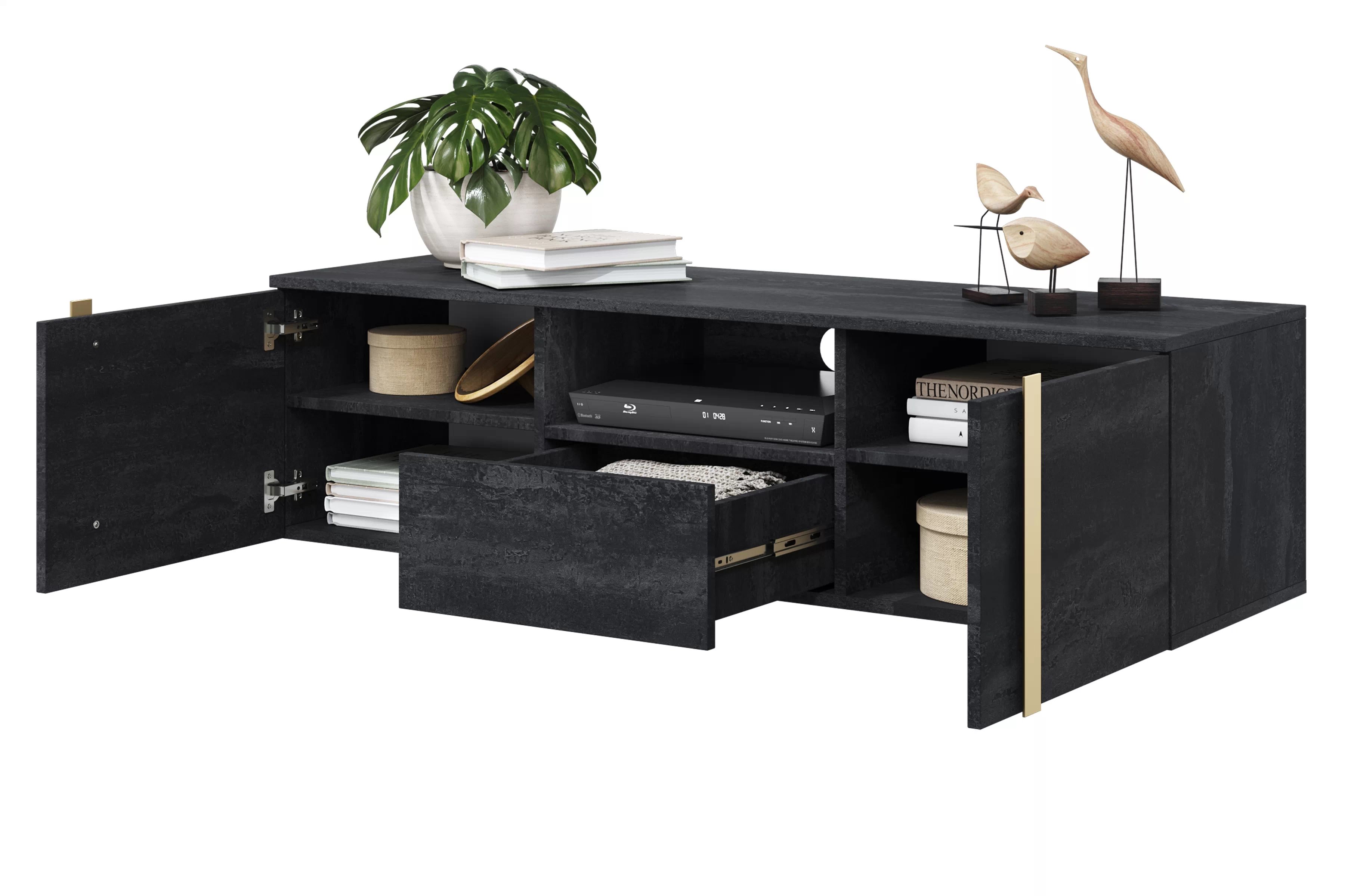 Závesný TV stolík Verica 150 cm s otvorenými priehradkami a zásuvkou - čierny betón / zlaté úchyty - Limitovaná ponuka TV skrinka závesná Verica 150 cm z wneka i szuflada - Čierny beton / zlote úchyty