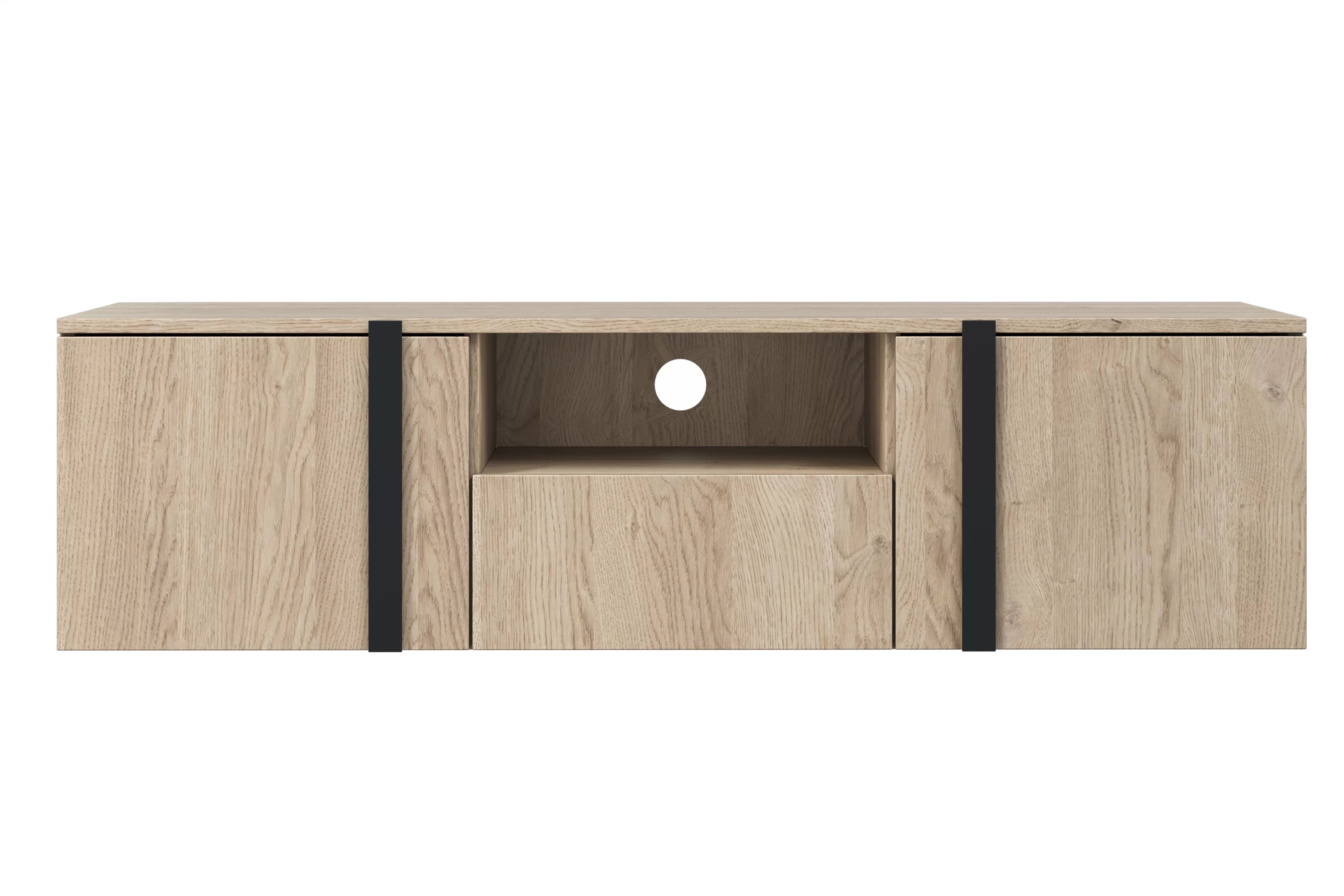 Závesný TV stolík Verica 150 cm s otvorenými priehradkami a zásuvkou - dub biszkoptový / čierne úchyty TV skrinka závesná Verica 150 cm z wneka i szuflada - Dub biszkoptowy / čierny úchyty