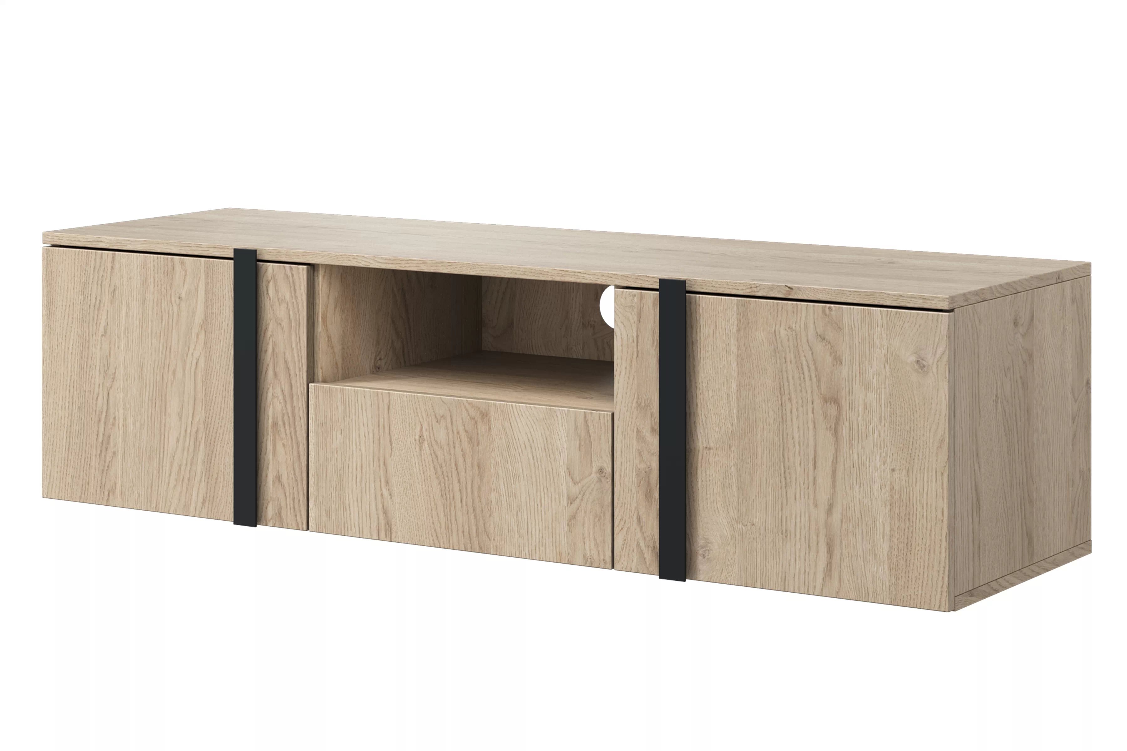 Závesný TV stolík Verica 150 cm s otvorenými priehradkami a zásuvkou - dub biszkoptový / čierne úchyty TV skrinka závesná Verica 150 cm z wneka i szuflada - Dub biszkoptowy / čierny úchyty