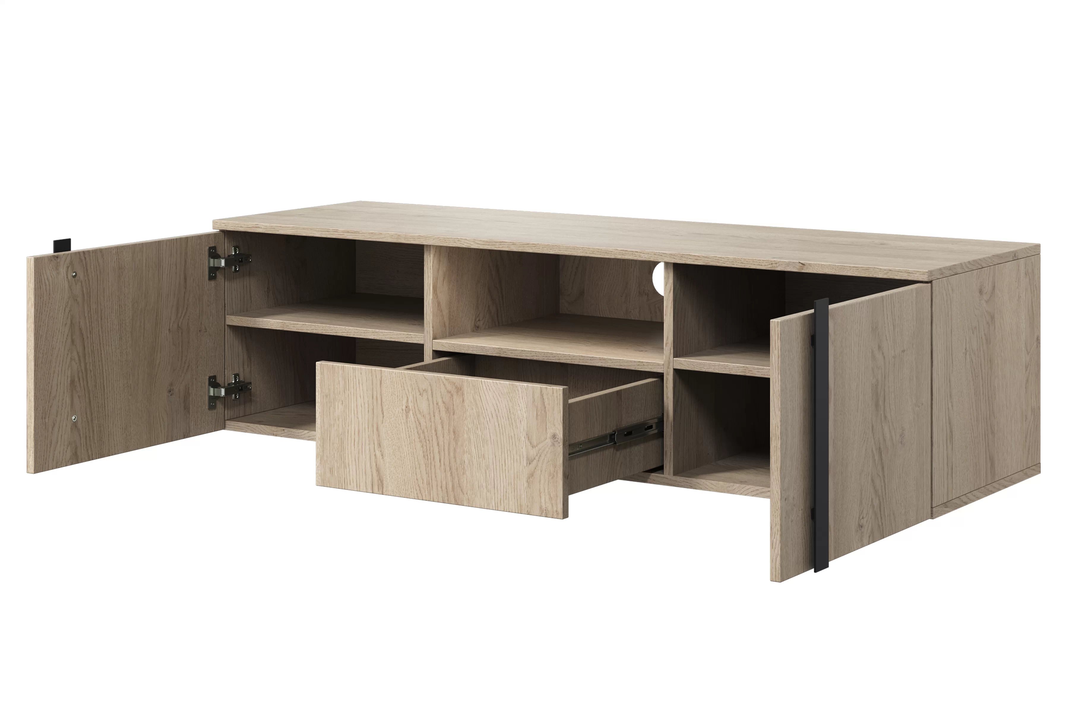 Závesný TV stolík Verica 150 cm s otvorenými priehradkami a zásuvkou - dub biszkoptový / čierne úchyty TV skrinka závesná Verica 150 cm z wneka i szuflada - Dub biszkoptowy / čierny úchyty