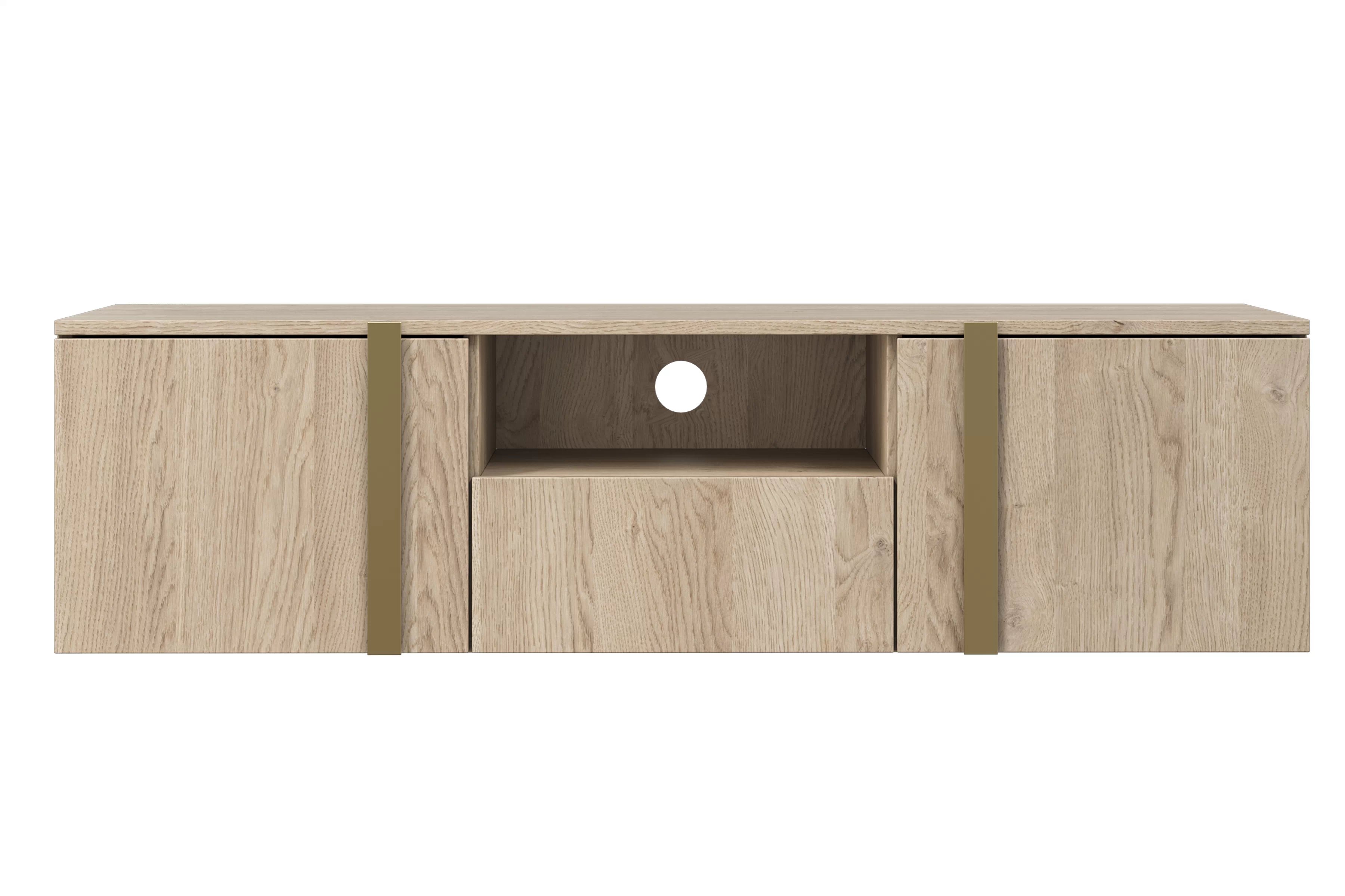 Závesný TV stolík Verica s otvorenou policou 150 cm - dub piškótový / zlaté úchytky TV skrinka závesná Verica 150 cm z wneka i szuflada - Dub biszkoptowy / zlote úchyty