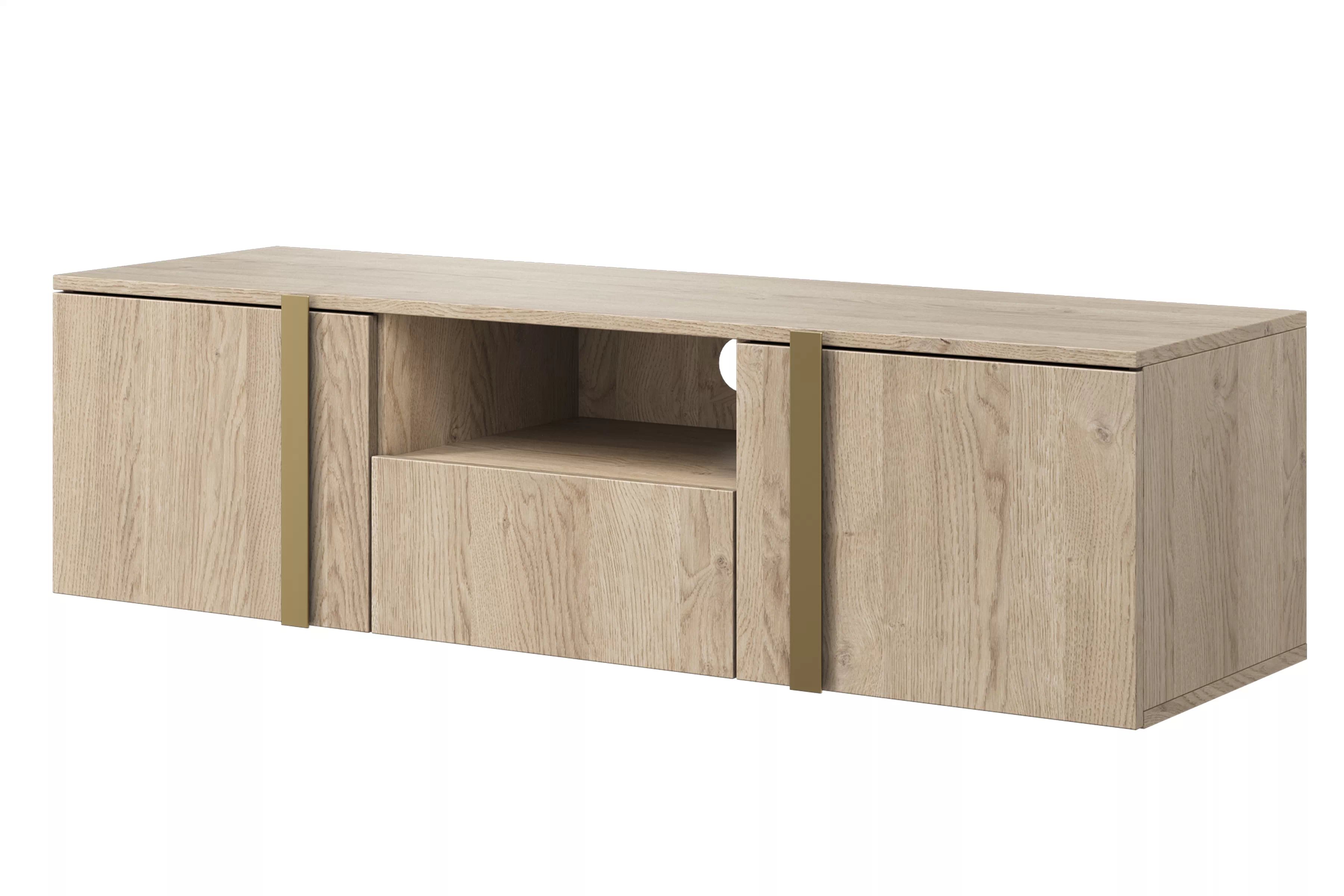 Závesný TV stolík Verica s otvorenou policou 150 cm - dub piškótový / zlaté úchytky TV skrinka závesná Verica 150 cm z wneka i szuflada - Dub biszkoptowy / zlote úchyty