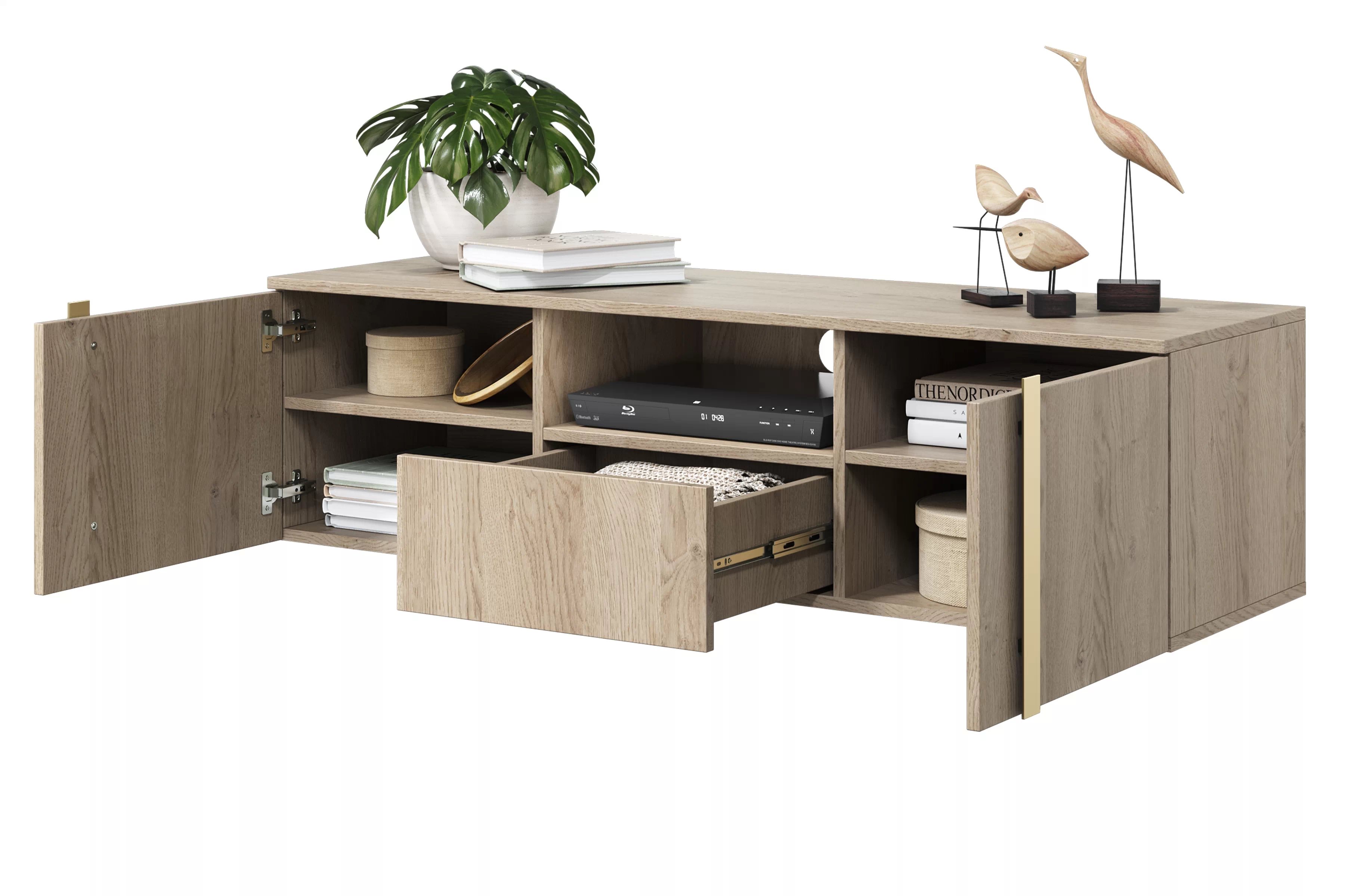 Závesný TV stolík Verica s otvorenou policou 150 cm - dub piškótový / zlaté úchytky TV skrinka závesná Verica 150 cm z wneka i szuflada - Dub biszkoptowy / zlote úchyty