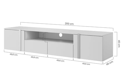 TV skrinka závesná Verica 200 cm so zásuvkami i metalowymi uchwytami - Čierny beton / zlote úchyty - Limitovaná ponuka TV skrinka závesná Verica 200 cm so zásuvkami i metalowymi uchwytami - Čierny beton / zlote úchyty