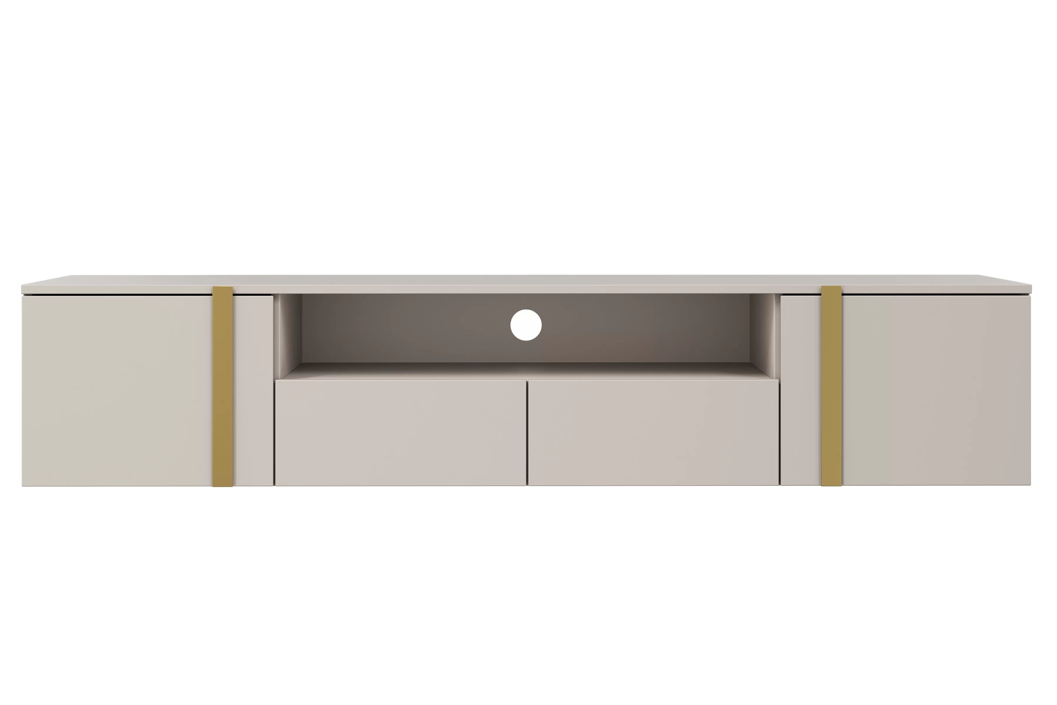 Závesný TV stolík Verica 200 cm s otvorenou policou - kašmírová / zlaté úchytky TV skrinka závesná Verica 200 cm so zásuvkami i metalowymi uchwytami- kašmír / zlote úchyty