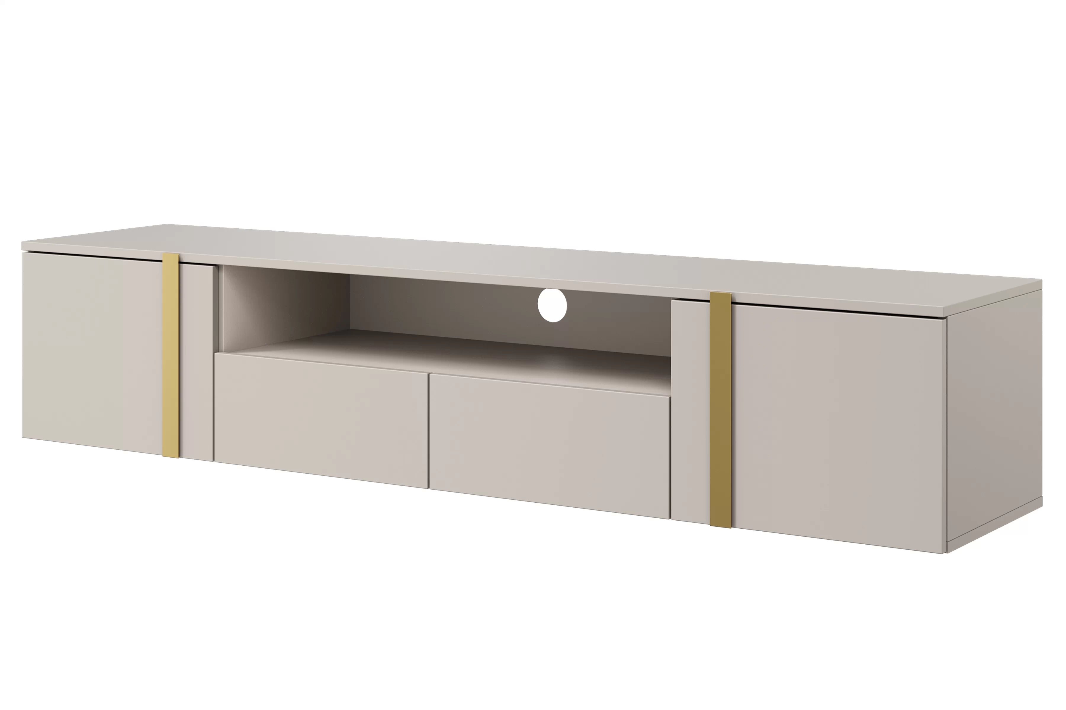 Závesný TV stolík Verica 200 cm s otvorenou policou - kašmírová / zlaté úchytky TV skrinka závesná Verica 200 cm so zásuvkami i metalowymi uchwytami- kašmír / zlote úchyty