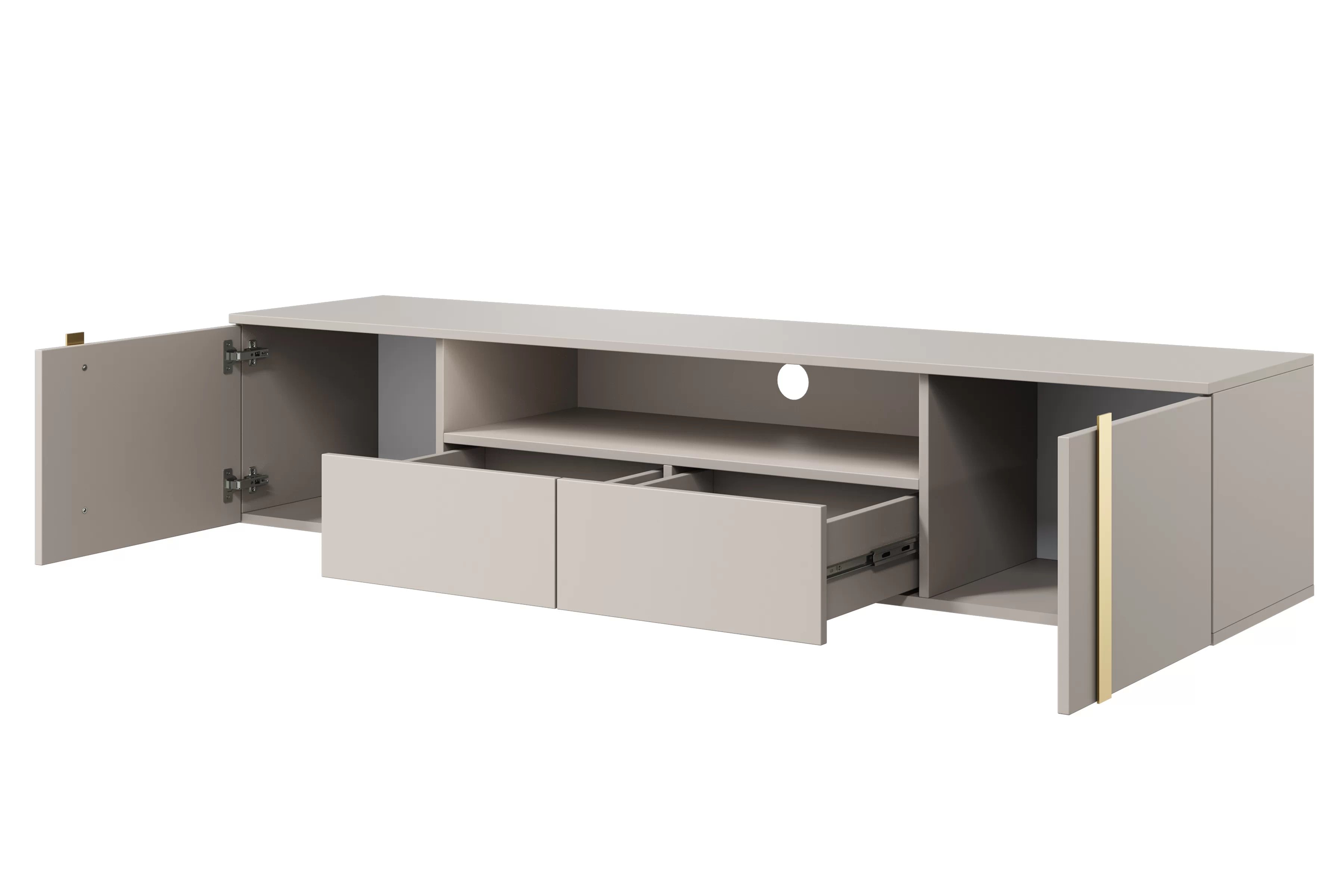 Závesný TV stolík Verica 200 cm s otvorenou policou - kašmírová / zlaté úchytky TV skrinka závesná Verica 200 cm so zásuvkami i metalowymi uchwytami- kašmír / zlote úchyty