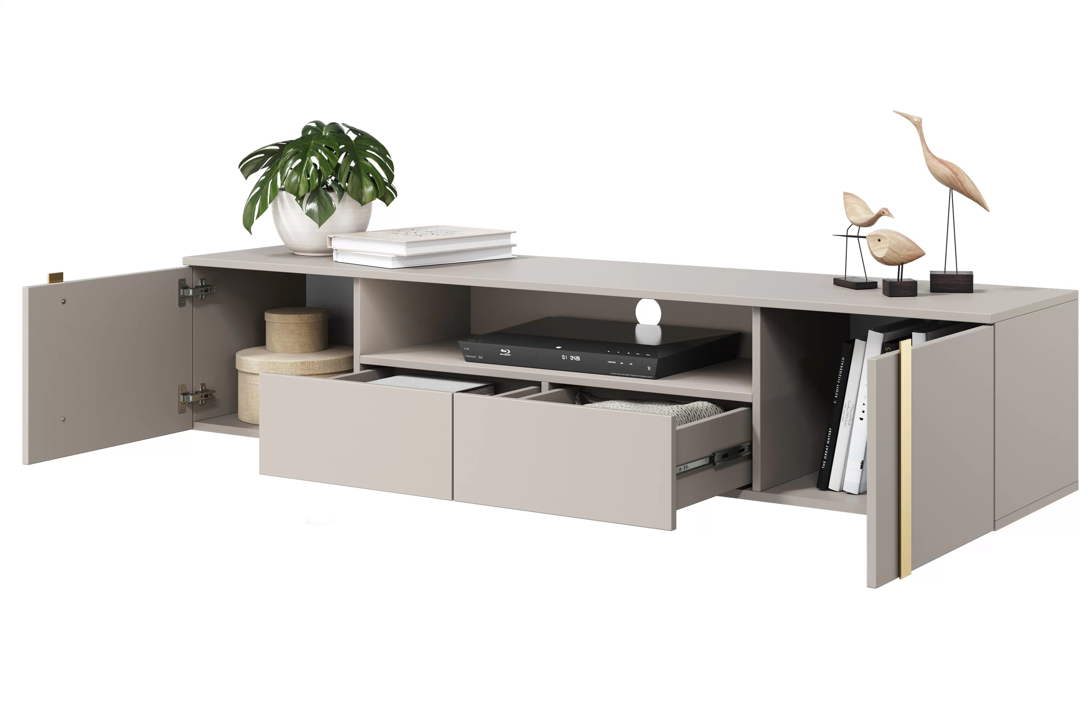 Závesný TV stolík Verica 200 cm s otvorenou policou - kašmírová / zlaté úchytky TV skrinka závesná Verica 200 cm so zásuvkami i metalowymi uchwytami- kašmír / zlote úchyty