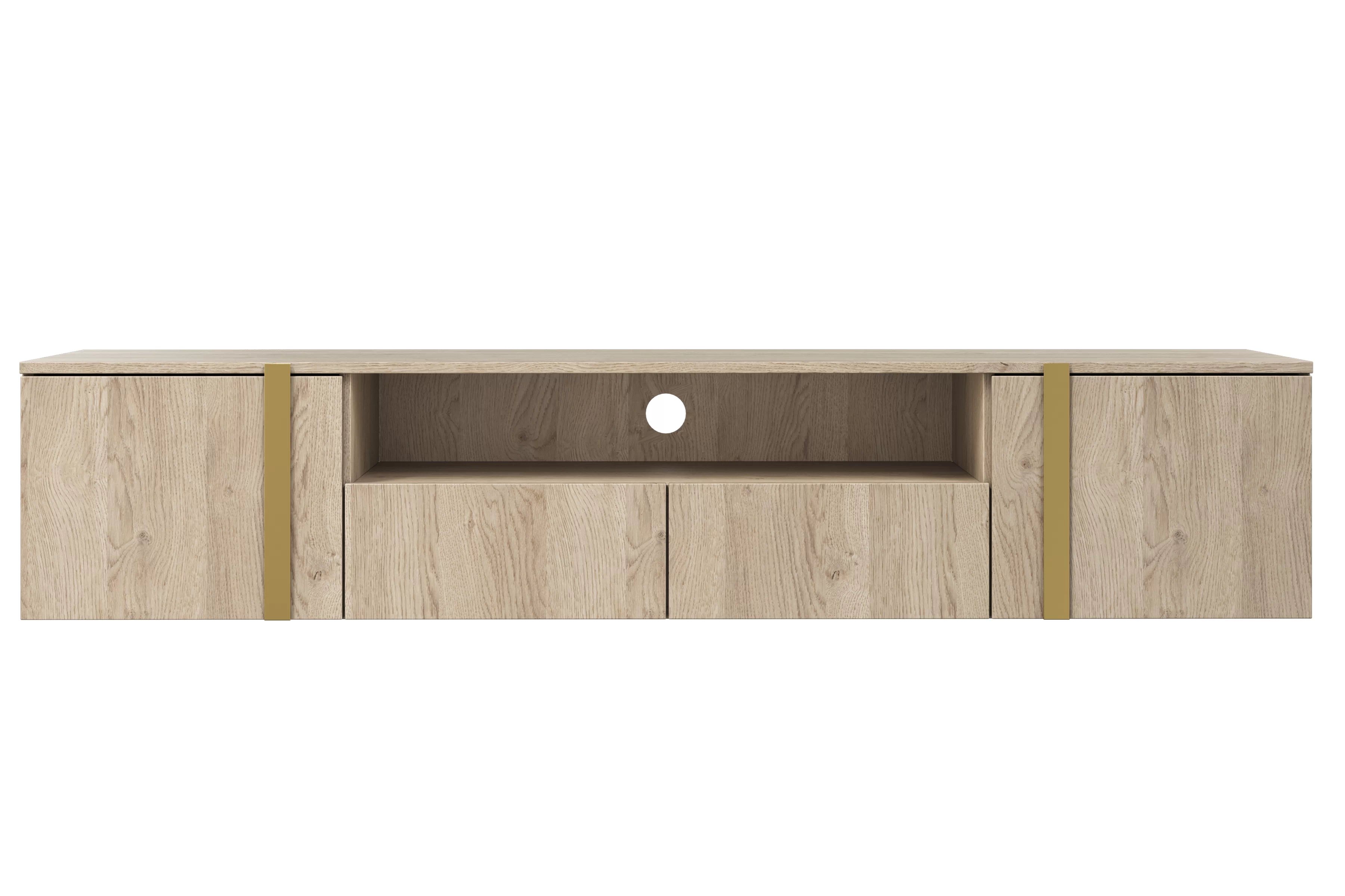 Závesný TV stolík Verica s otvorenou policou 200 cm - dub piškótový / zlaté úchytky TV skrinka závesná Verica 200 cm so zásuvkami i metalowymi uchwytami 200 cm - Dub biszkoptowy / zlote úchyty
