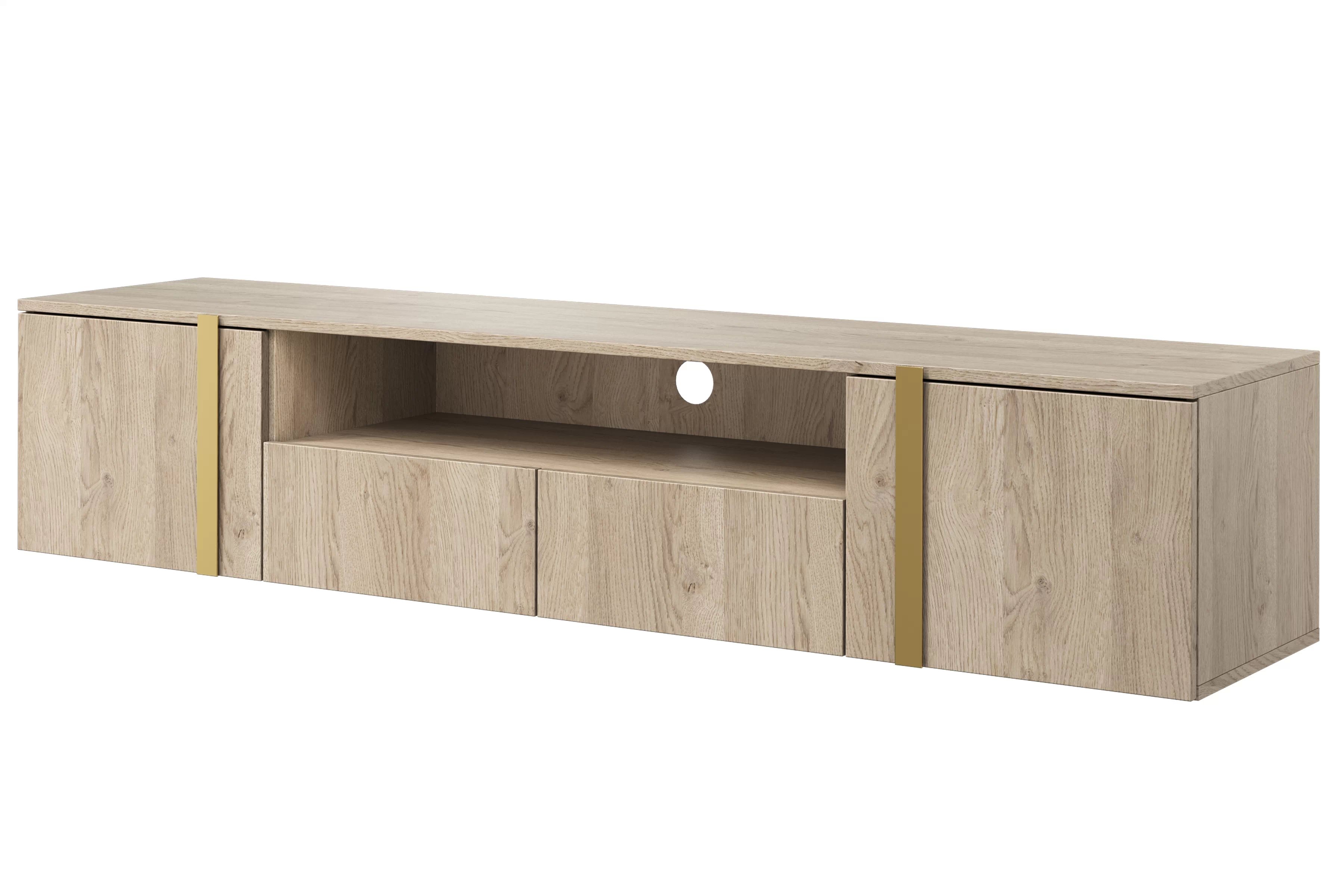 Závesný TV stolík Verica s otvorenou policou 200 cm - dub piškótový / zlaté úchytky TV skrinka závesná Verica 200 cm so zásuvkami i metalowymi uchwytami 200 cm - Dub biszkoptowy / zlote úchyty