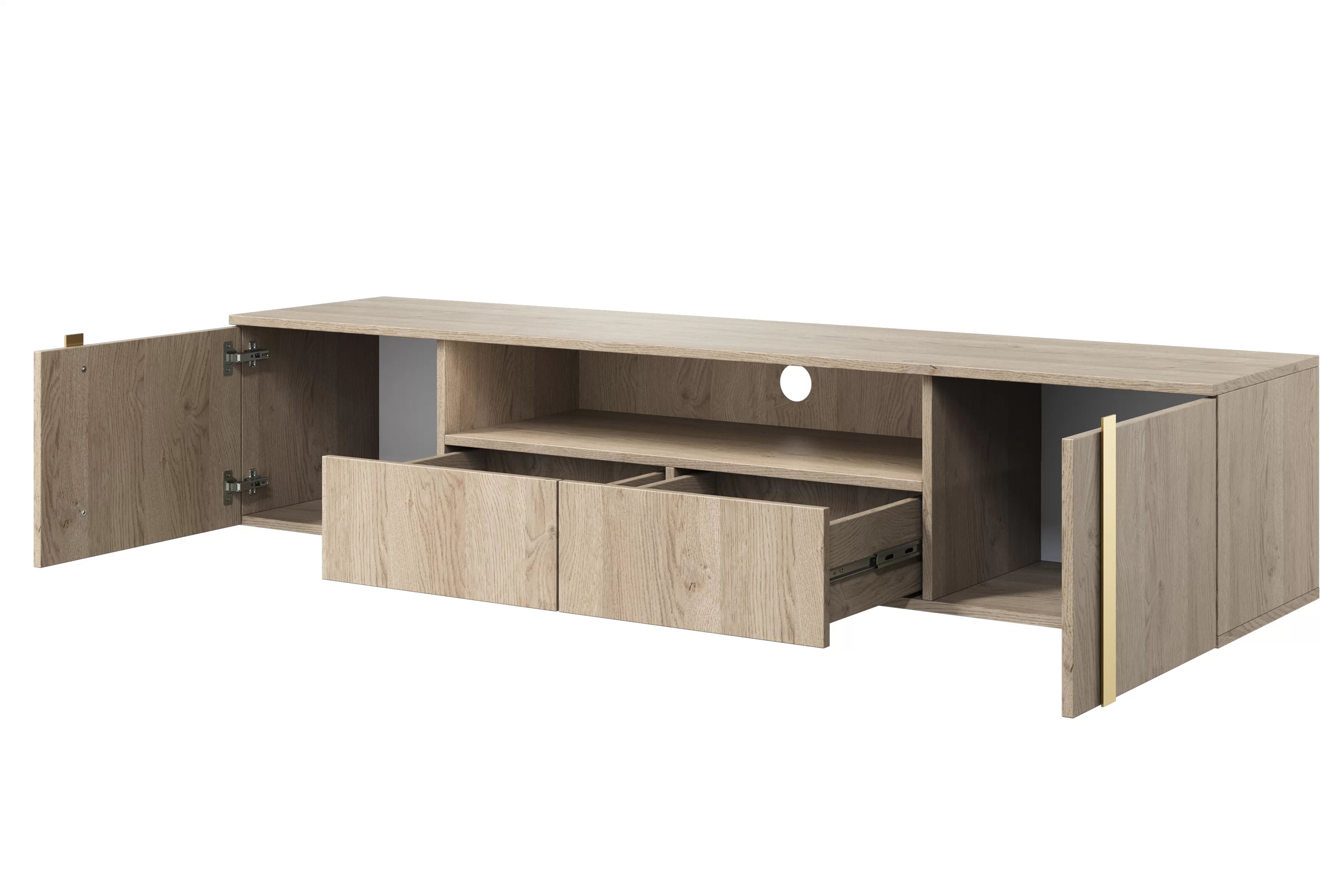 Závesný TV stolík Verica s otvorenou policou 200 cm - dub piškótový / zlaté úchytky TV skrinka závesná Verica 200 cm so zásuvkami i metalowymi uchwytami 200 cm - Dub biszkoptowy / zlote úchyty