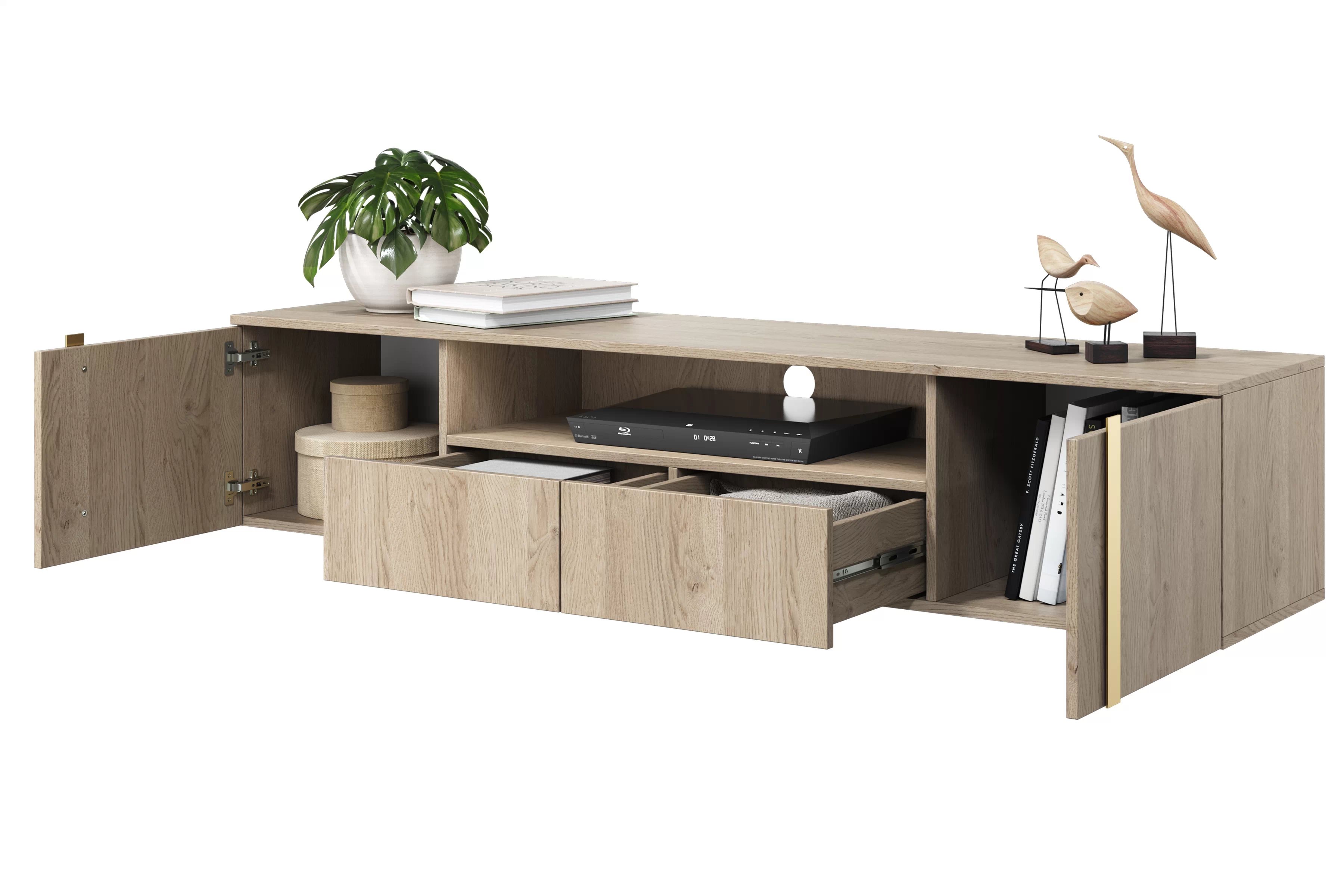 Závesný TV stolík Verica s otvorenou policou 200 cm - dub piškótový / zlaté úchytky TV skrinka závesná Verica 200 cm so zásuvkami i metalowymi uchwytami 200 cm - Dub biszkoptowy / zlote úchyty