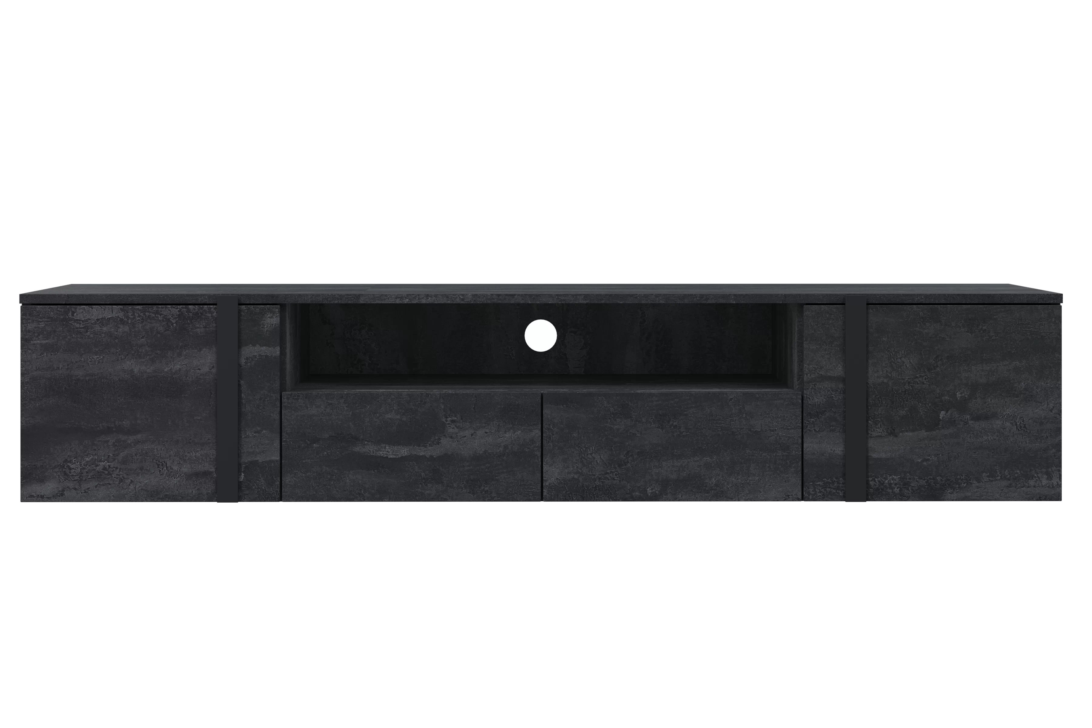 TV skrinka závesná Verica 200 cm so zásuvkami i wneka - Čierny beton / čierny úchyty - Limitovaná ponuka TV skrinka závesná Verica 200 cm so zásuvkami i wneka - Čierny beton / čierny úchyty
