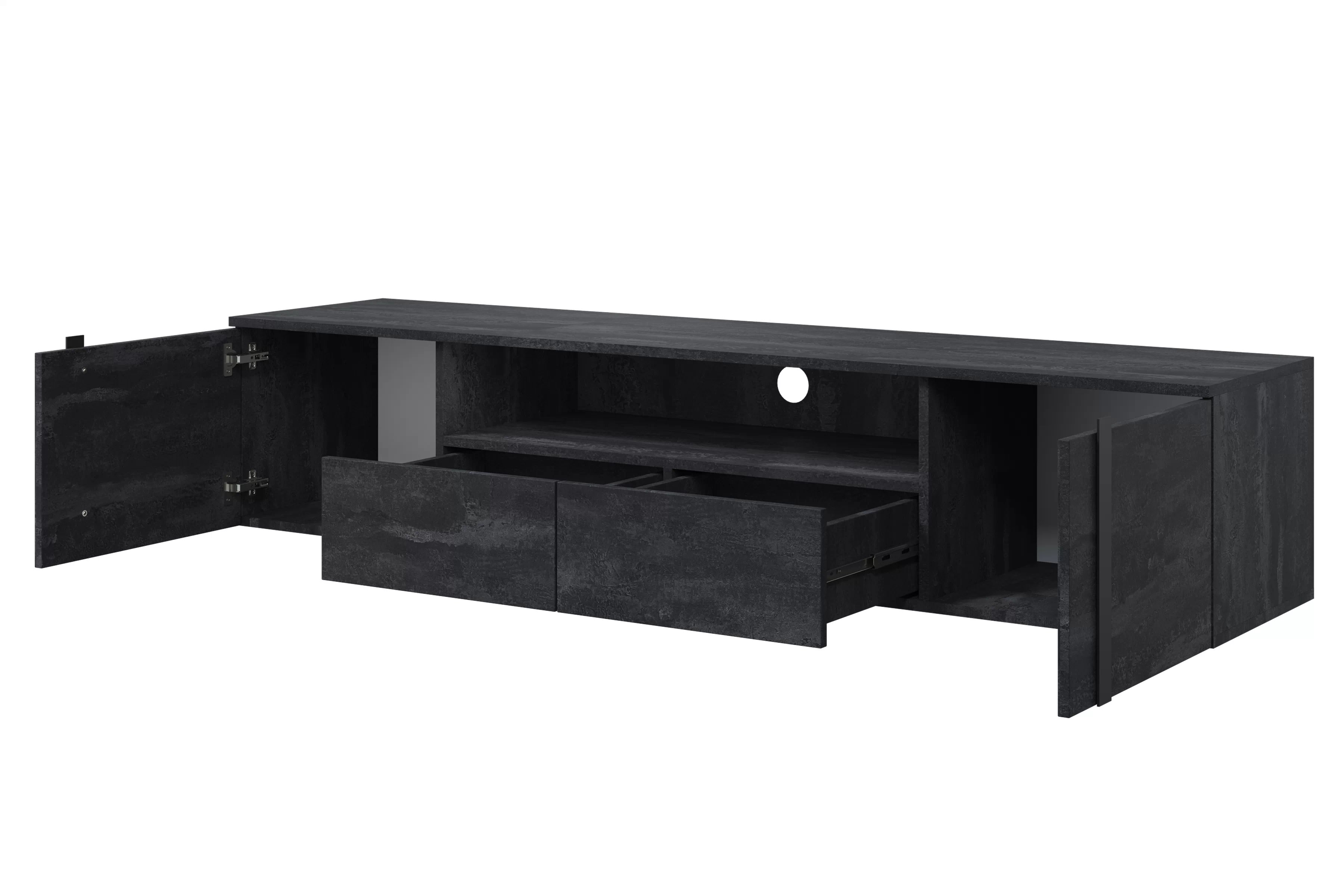 TV skrinka závesná Verica 200 cm so zásuvkami i wneka - Čierny beton / čierny úchyty - Limitovaná ponuka TV skrinka závesná Verica 200 cm so zásuvkami i wneka - Čierny beton / čierny úchyty