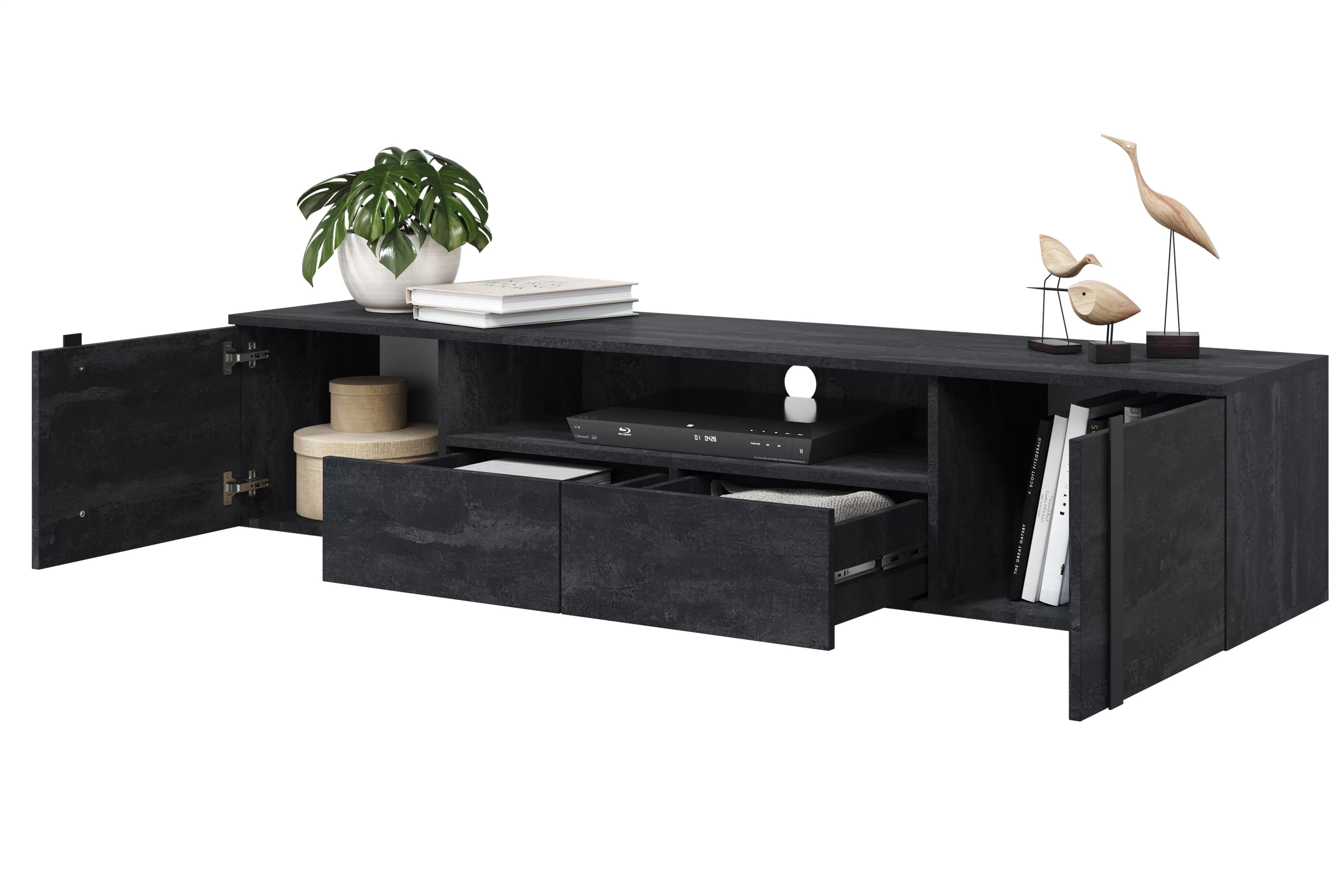 TV skrinka závesná Verica 200 cm so zásuvkami i wneka - Čierny beton / čierny úchyty - Limitovaná ponuka TV skrinka závesná Verica 200 cm so zásuvkami i wneka - Čierny beton / čierny úchyty