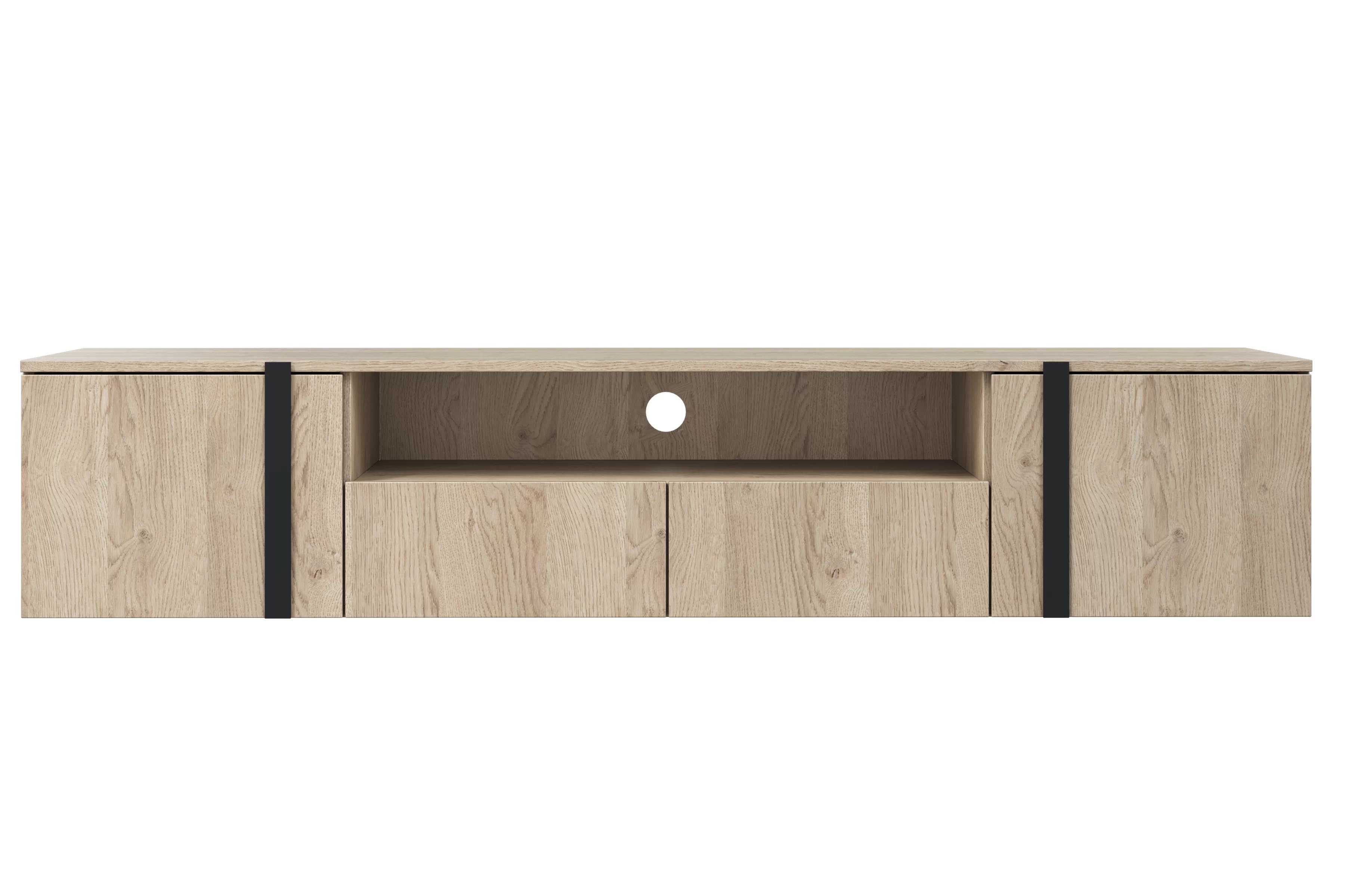 Závesný TV stolík Verica s otvorenou policou 200 cm - dub piškótový / čierne úchytky TV skrinka závesná Verica 200 cm so zásuvkami i wneka - Dub biszkoptowy / čierny úchyty