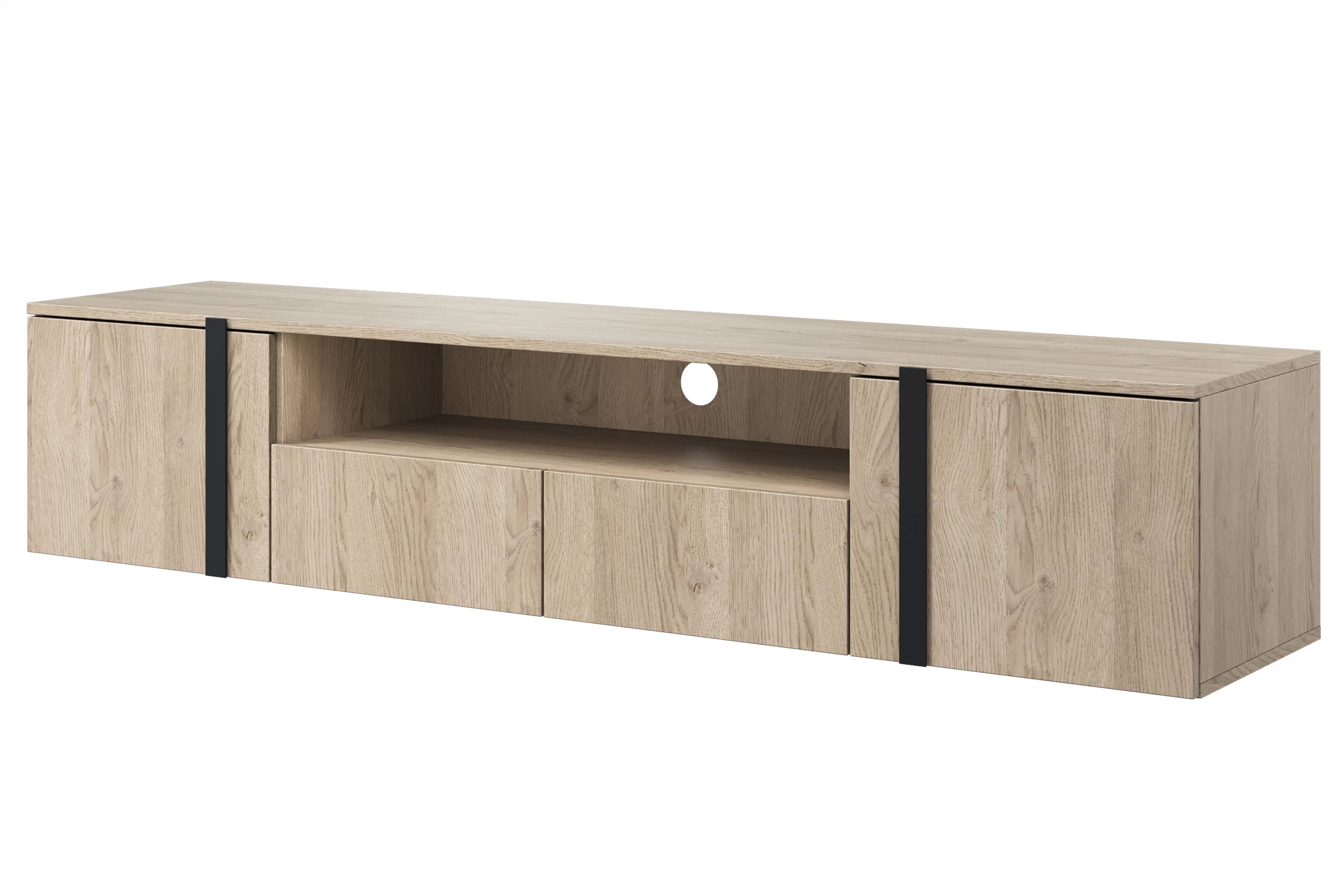 Závesný TV stolík Verica s otvorenou policou 200 cm - dub piškótový / čierne úchytky TV skrinka závesná Verica 200 cm so zásuvkami i wneka - Dub biszkoptowy / čierny úchyty