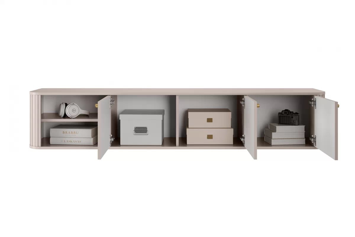 Závesný TV stolík Vespera 3D 187 cm - kašmírová / zlatá TV skrinka závesná Vesper 187 cm - kašmír / zlote úchyty