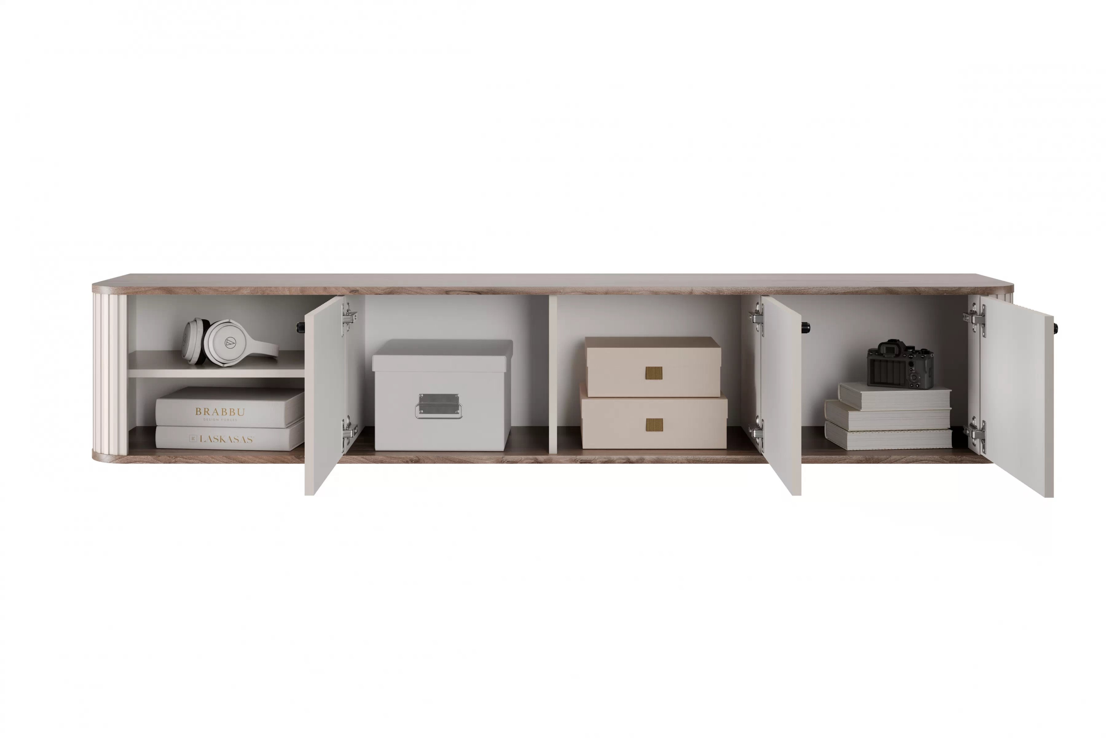 Závesný TV stolík Vespera 3D 187 cm - kašmírová / orech / čierna TV skrinka závesná Vesper 3D 187 cm - kašmír / Orech / čierny úchyty