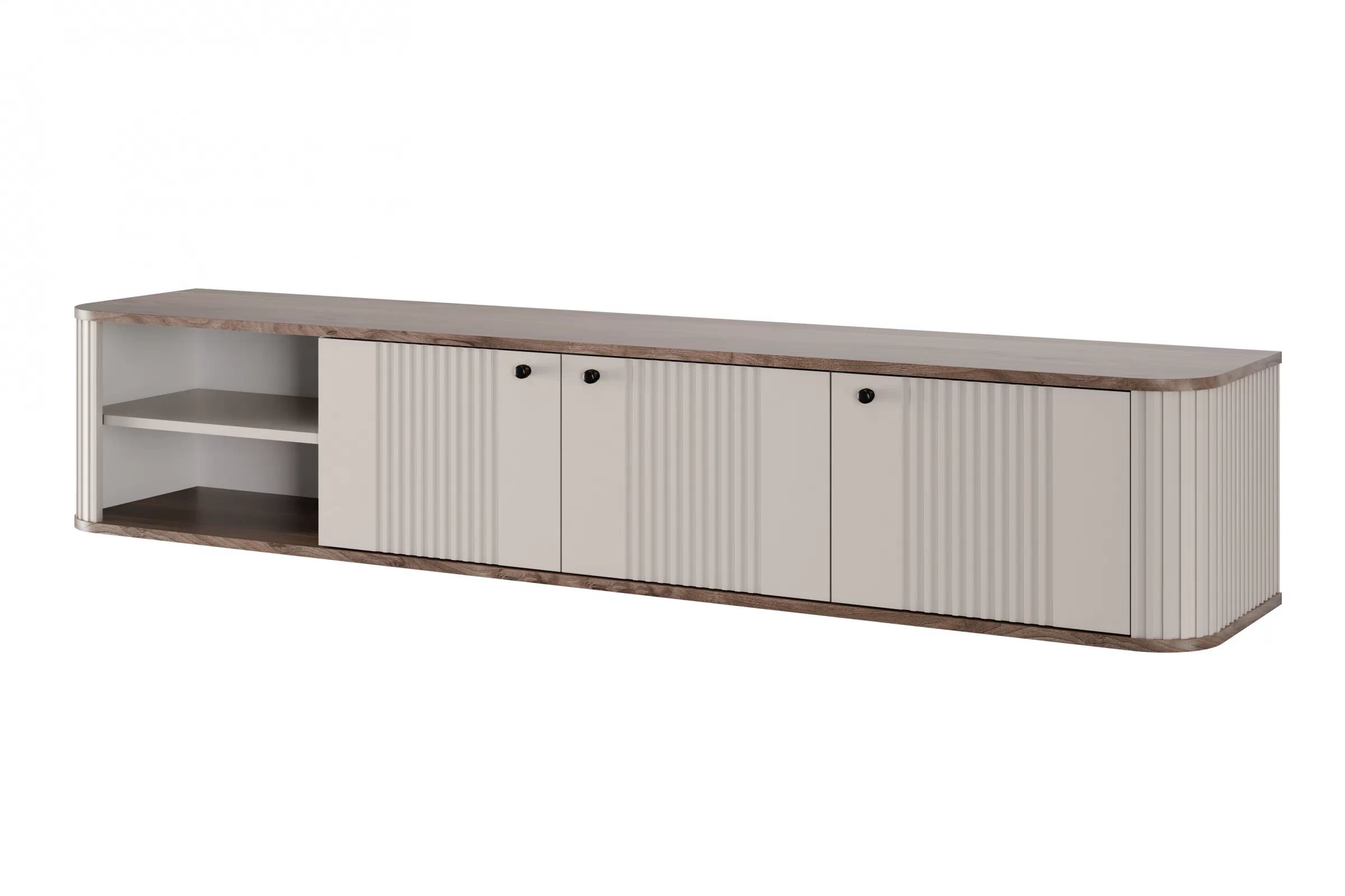 Závesný TV stolík Vespera 3D 187 cm - kašmírová / orech / čierna TV skrinka závesná Vesper 3D 187 cm - kašmír / Orech / čierny úchyty