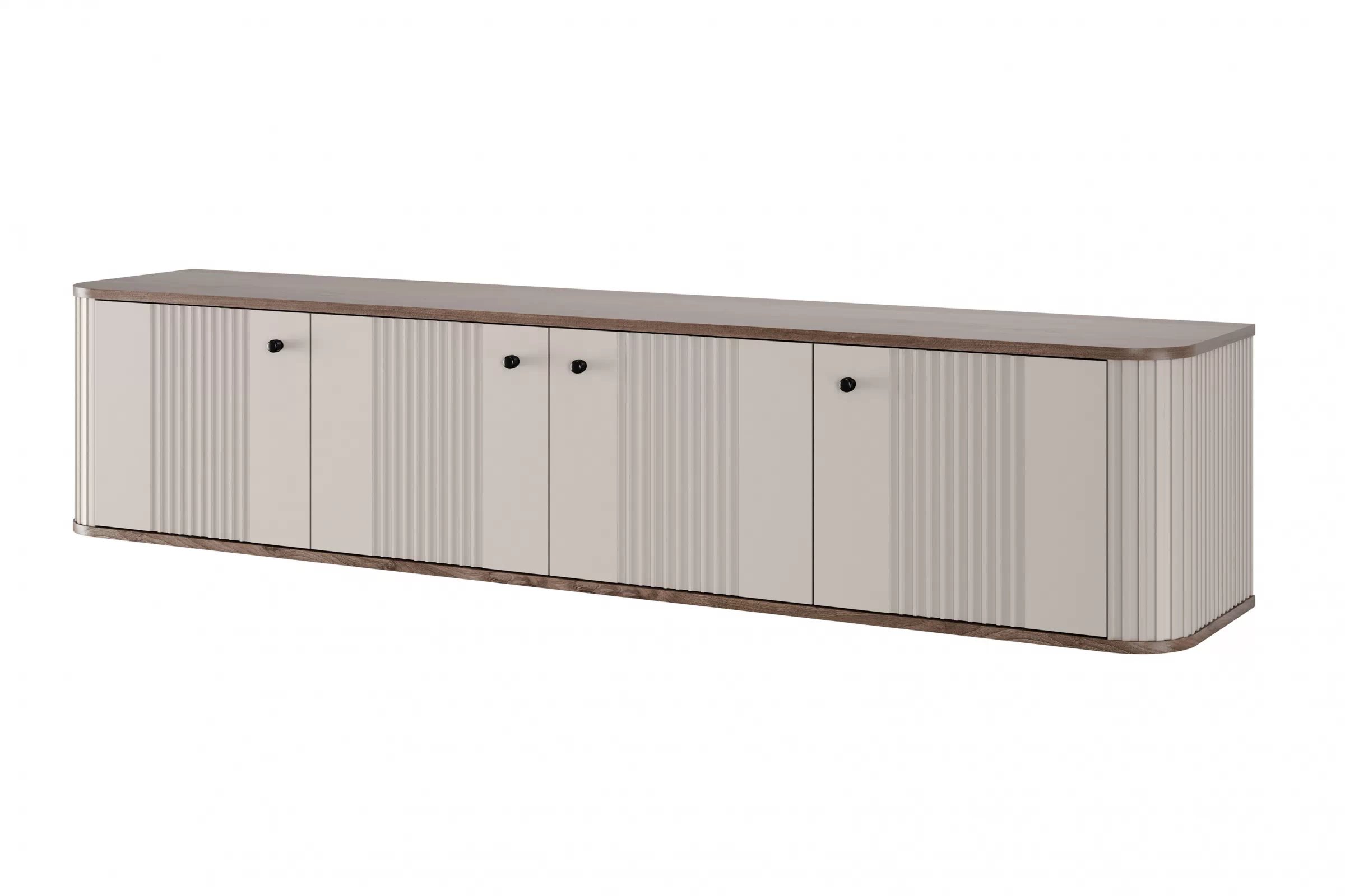 Závěsný TV stolek Vesper 4D 187 cm - kašmírový / dekor ořech / černé úchytky skříňka RTV závěsná Vesper 4D 187 cm - kašmír / ořech / černá Úchytky