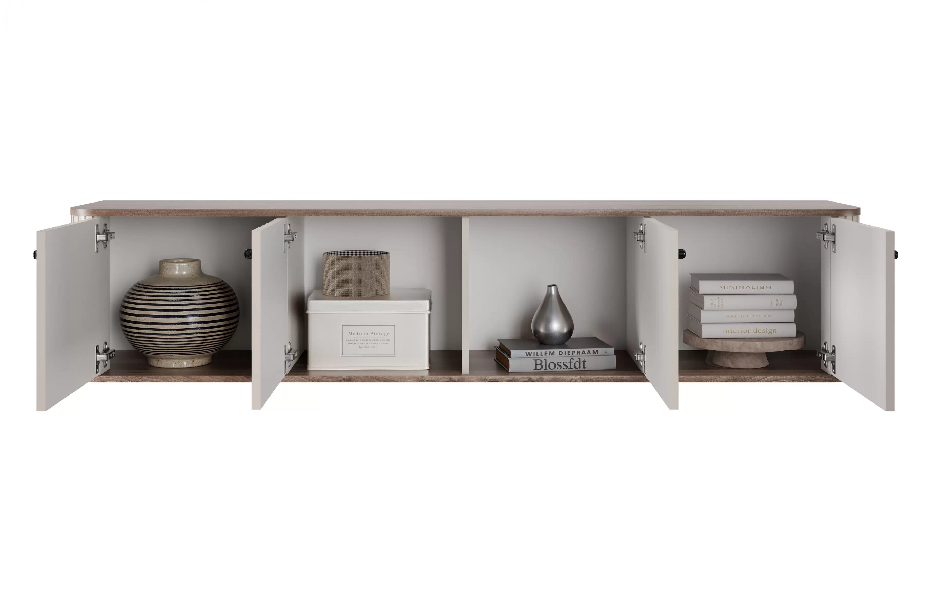 Závěsný TV stolek Vesper 4D 187 cm - kašmírový / dekor ořech / černé úchytky skříňka RTV závěsná Vesper 4D 187 cm - kašmír / ořech / černá Úchytky