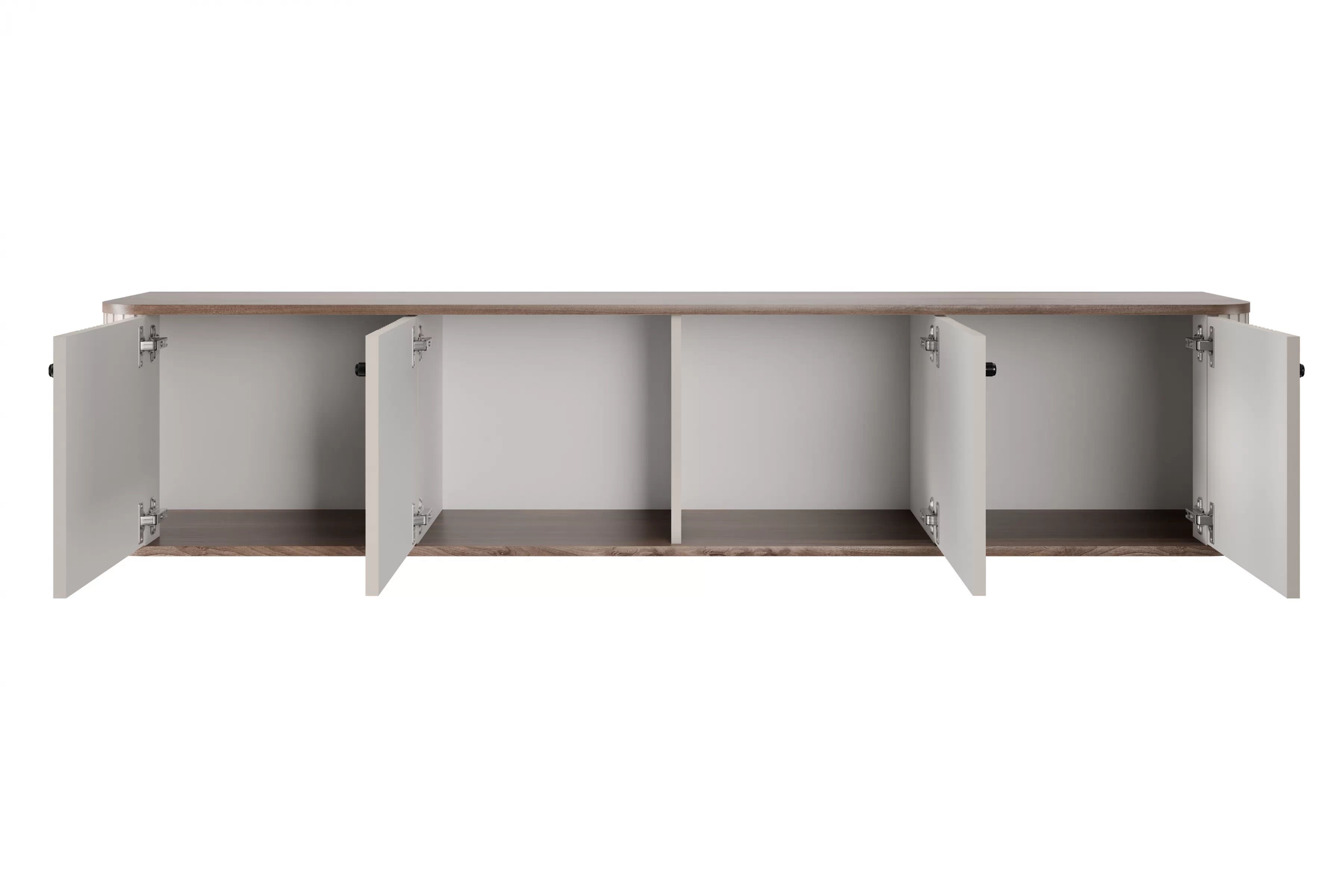 Závěsný TV stolek Vesper 4D 187 cm - kašmírový / dekor ořech / černé úchytky skříňka RTV závěsná Vesper 4D 187 cm - kašmír / ořech / černá Úchytky