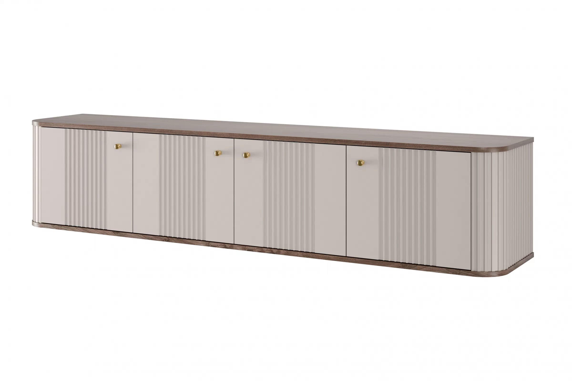 Závesný TV stolík Vespera 4D 187 cm - kašmírová / orech / zlatá TV skrinka závesná Vesper 4D 187 cm - kašmír / Orech / zlote úchyty