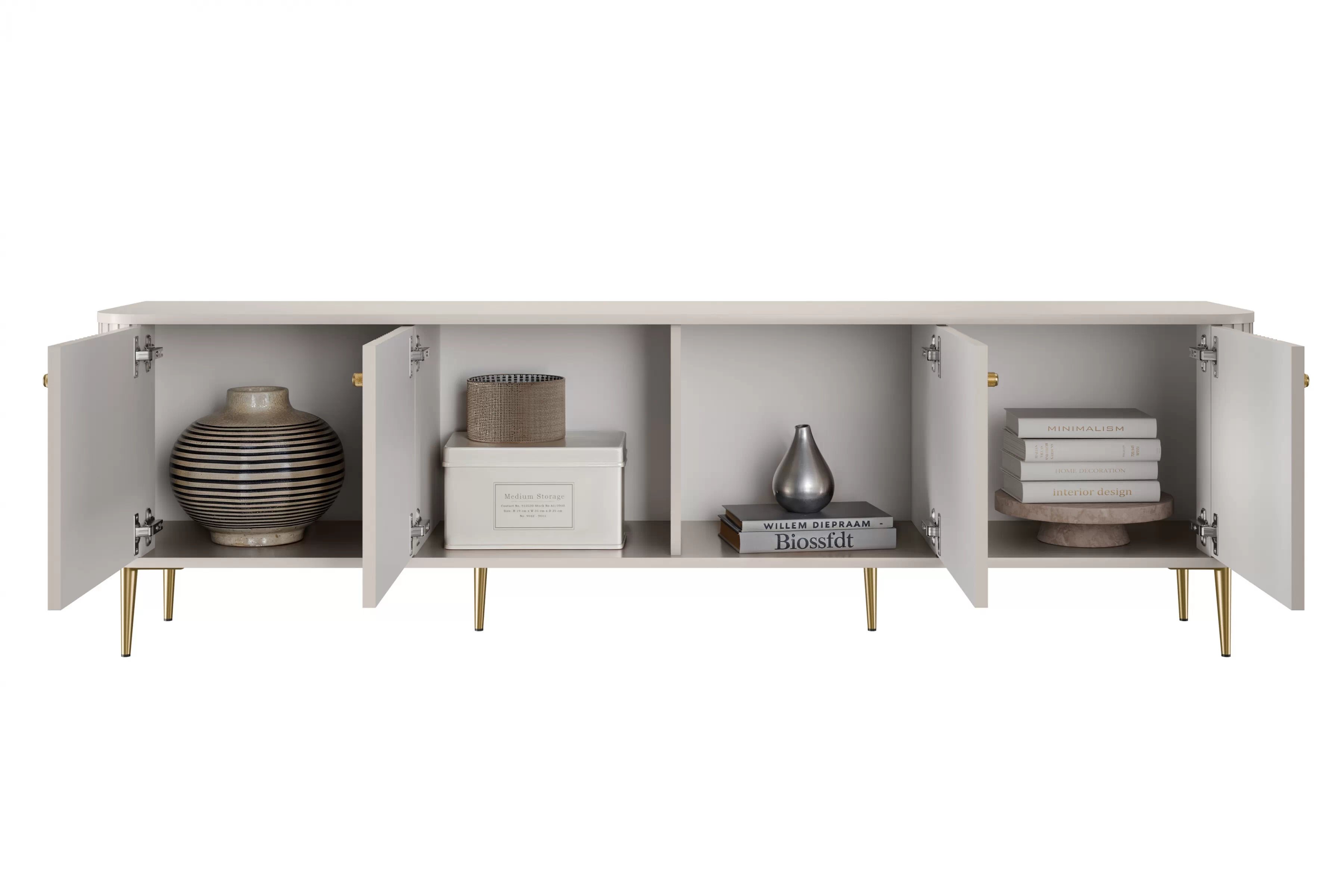 Závěsný TV stolek Vesper 4D 187 cm - kašmírový / zlaté úchytky skříňka RTV závěsná Vesper 4D 187 cm - kašmír / zlote Úchytky