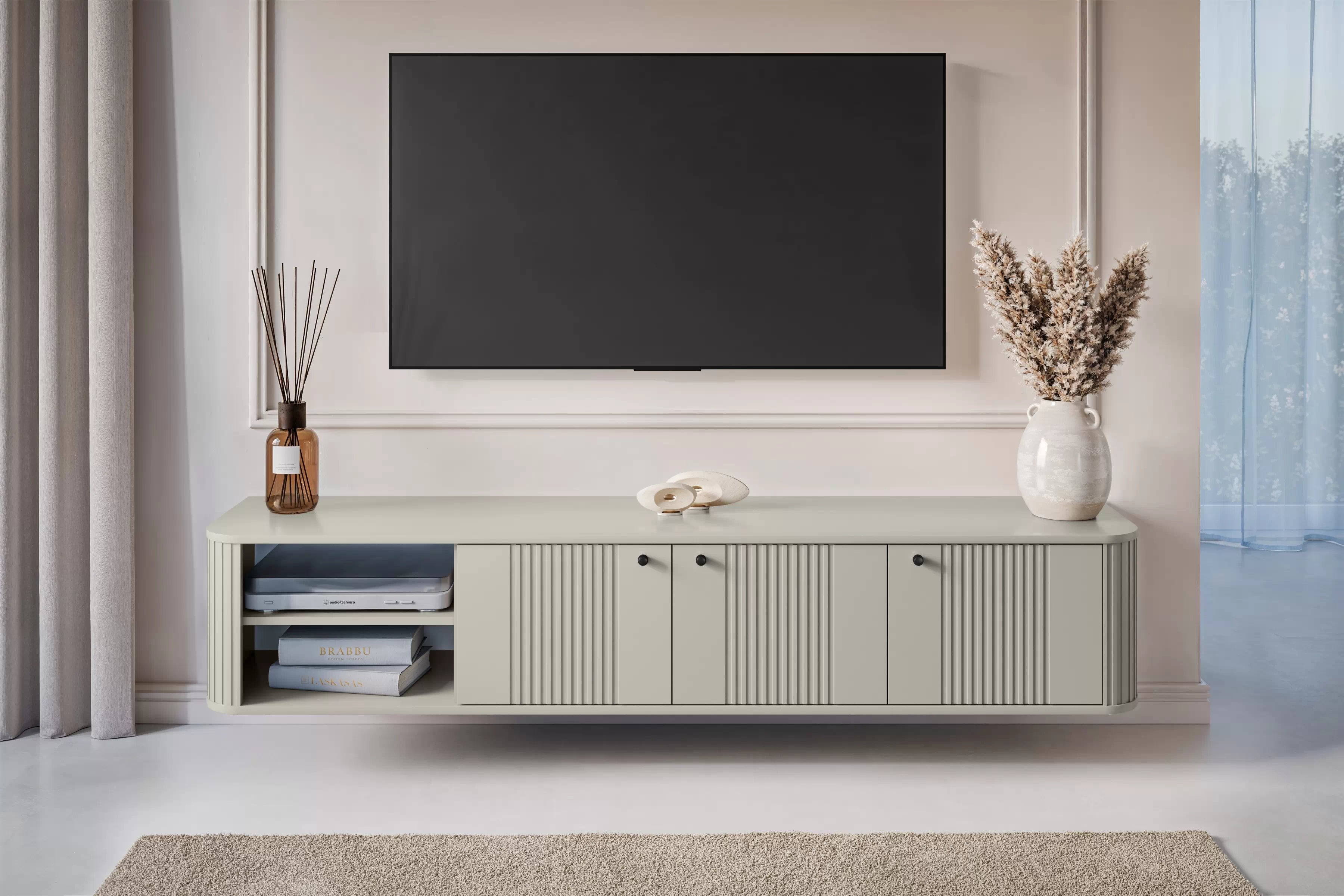 Závesná TV skrinka Vesper 3D 187 cm - kašmír / čierne úchytky TV skrinka závesná Vespera 3D 187 cm - kašmír / čierny úchyty