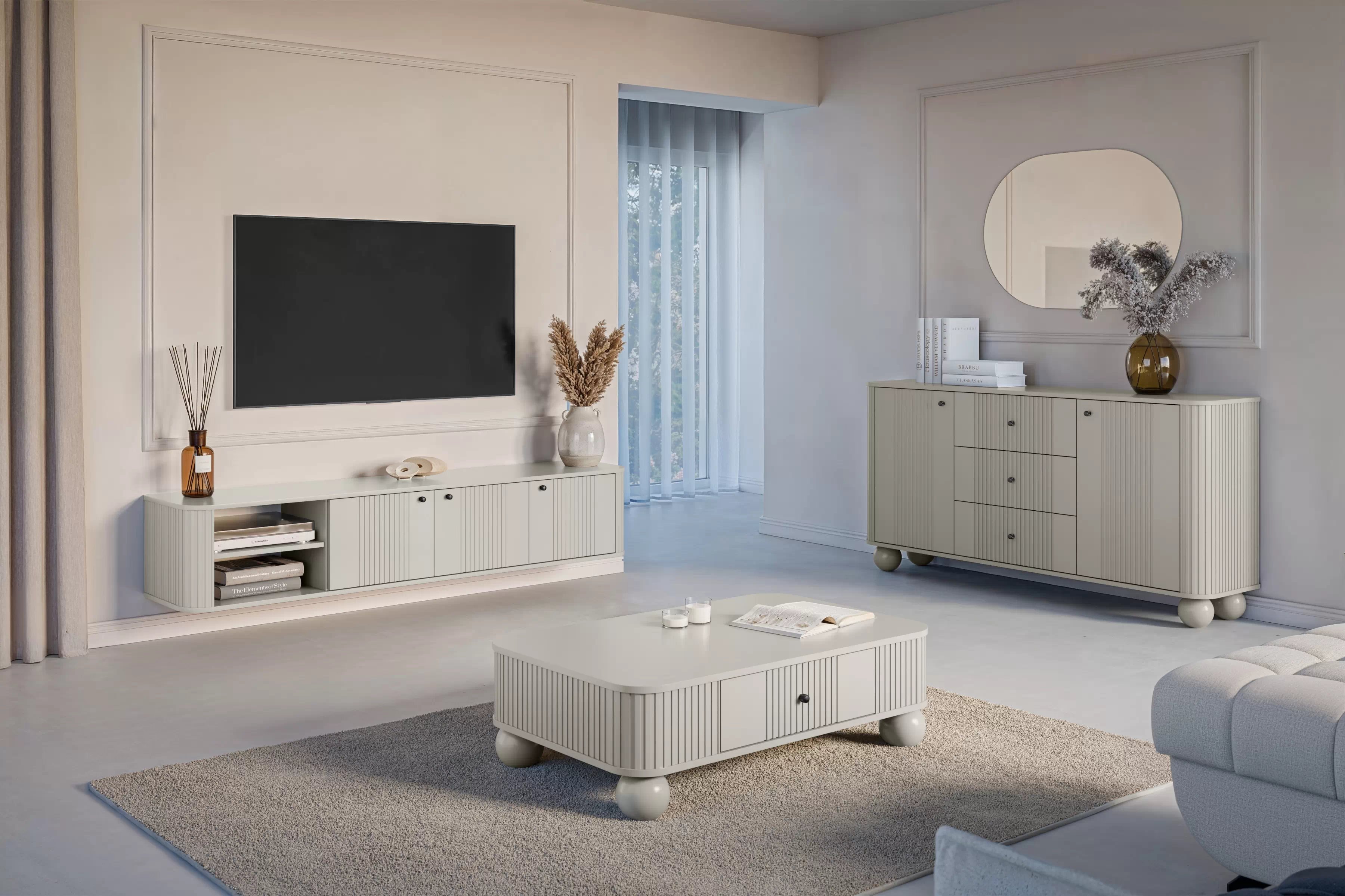 Závesná TV skrinka Vesper 3D 187 cm - kašmír / čierne úchytky TV skrinka závesná Vespera 3D 187 cm - kašmír / čierny úchyty