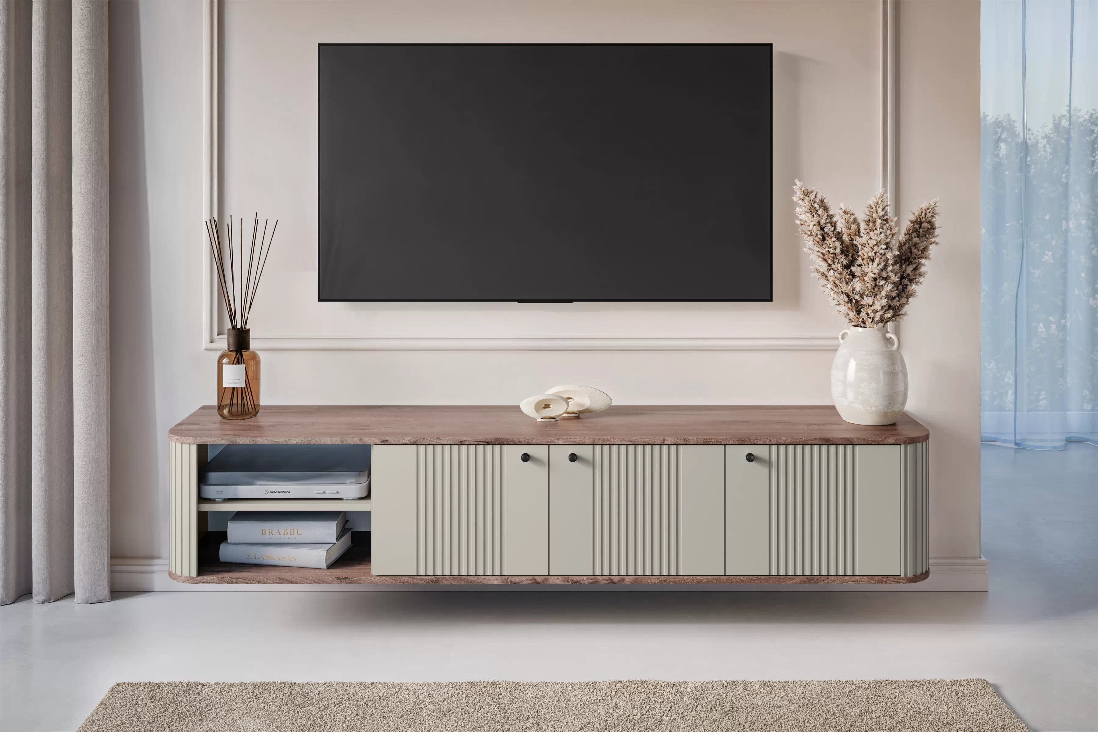 Závesný TV stolík Vespera 3D 187 cm - kašmírová / orech / čierna TV skrinka závesná Vespera 3D 187 cm - kašmír / Orech / čierny úchyty