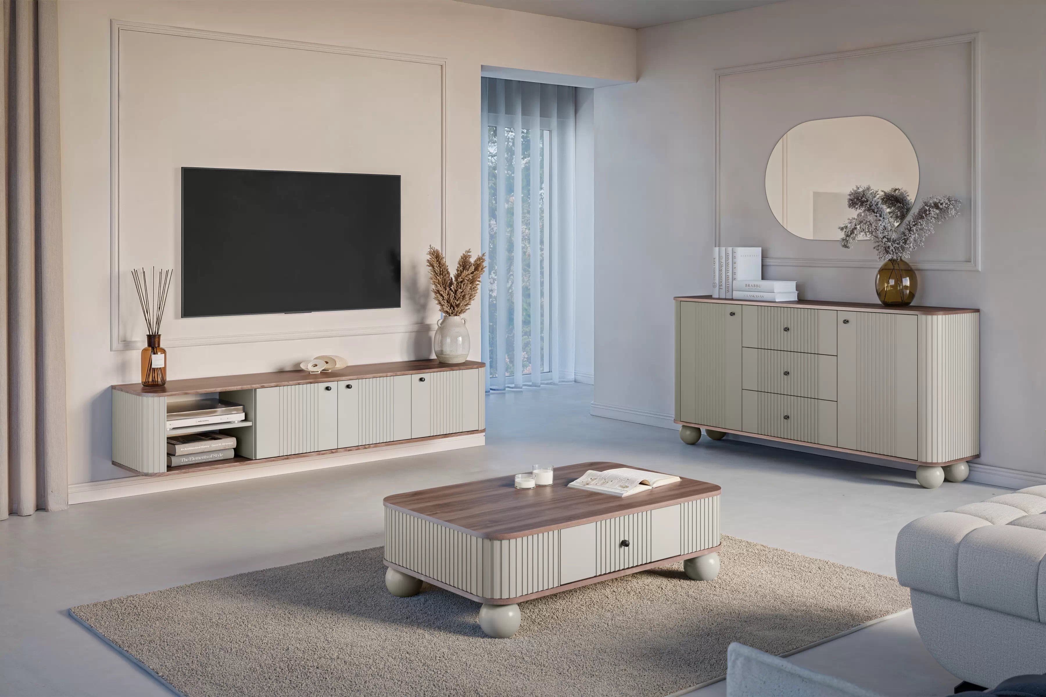 Závesný TV stolík Vespera 3D 187 cm - kašmírová / orech / čierna TV skrinka závesná Vespera 3D 187 cm - kašmír / Orech / čierny úchyty