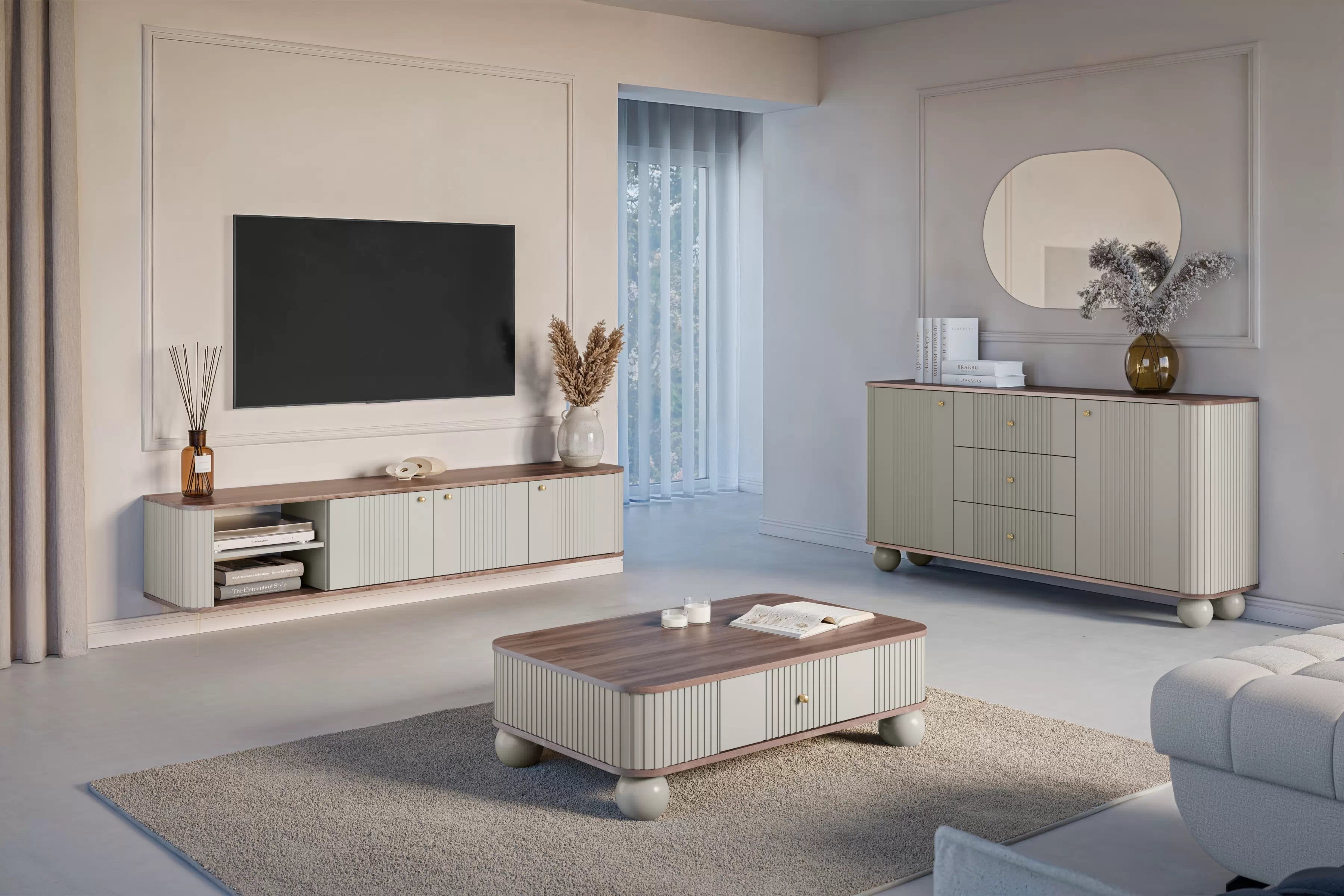 Závesný TV stolík Vespera 3D 187 cm - kašmírová /orech / zlatá TV skrinka závesná Vespera 3D 187 cm - kašmír / Orech / zlote úchyty