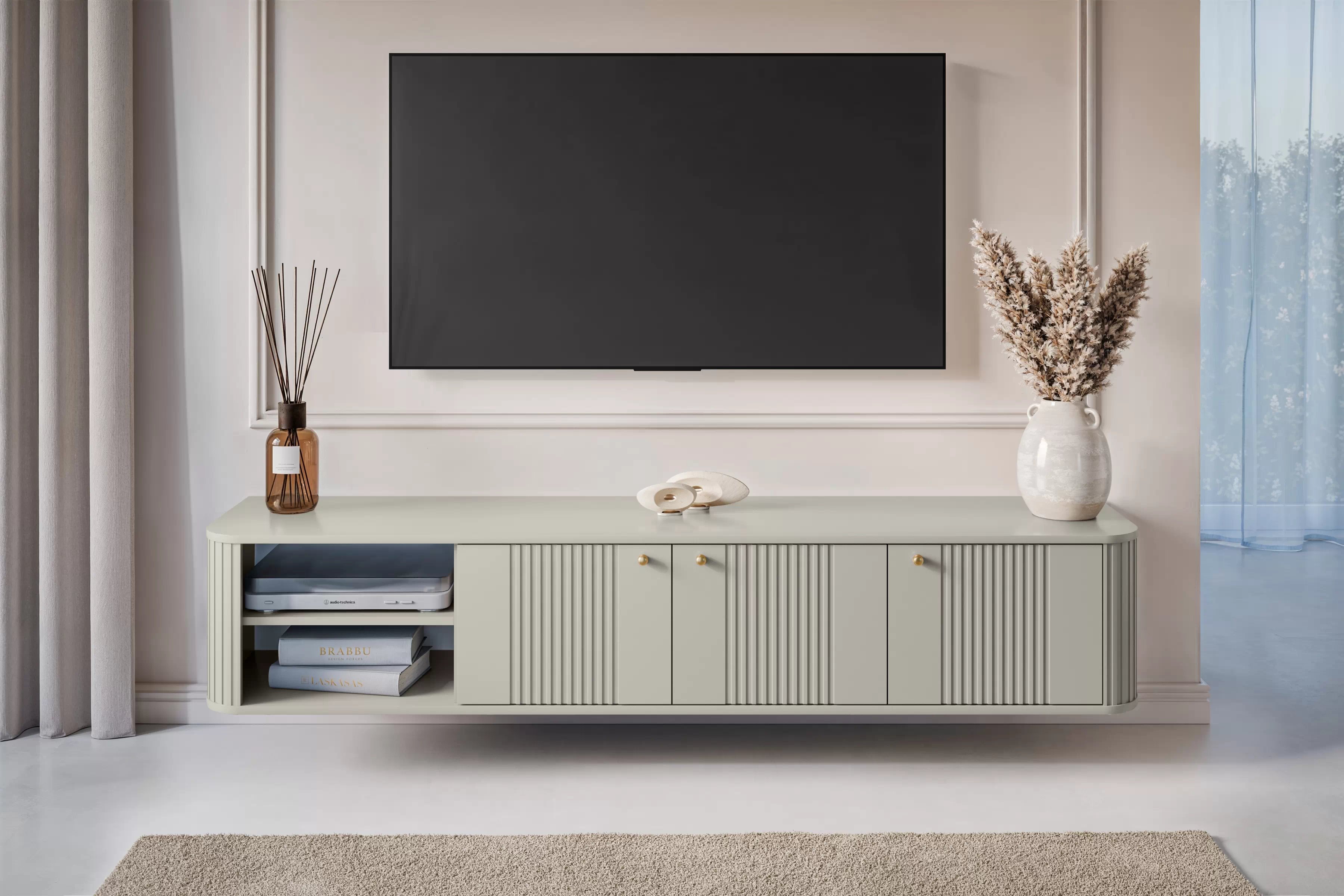 Závesný TV stolík Vespera 3D 187 cm - kašmírová / zlatá TV skrinka závesná Vespera 3D 187 cm - kašmír / zlote úchyty