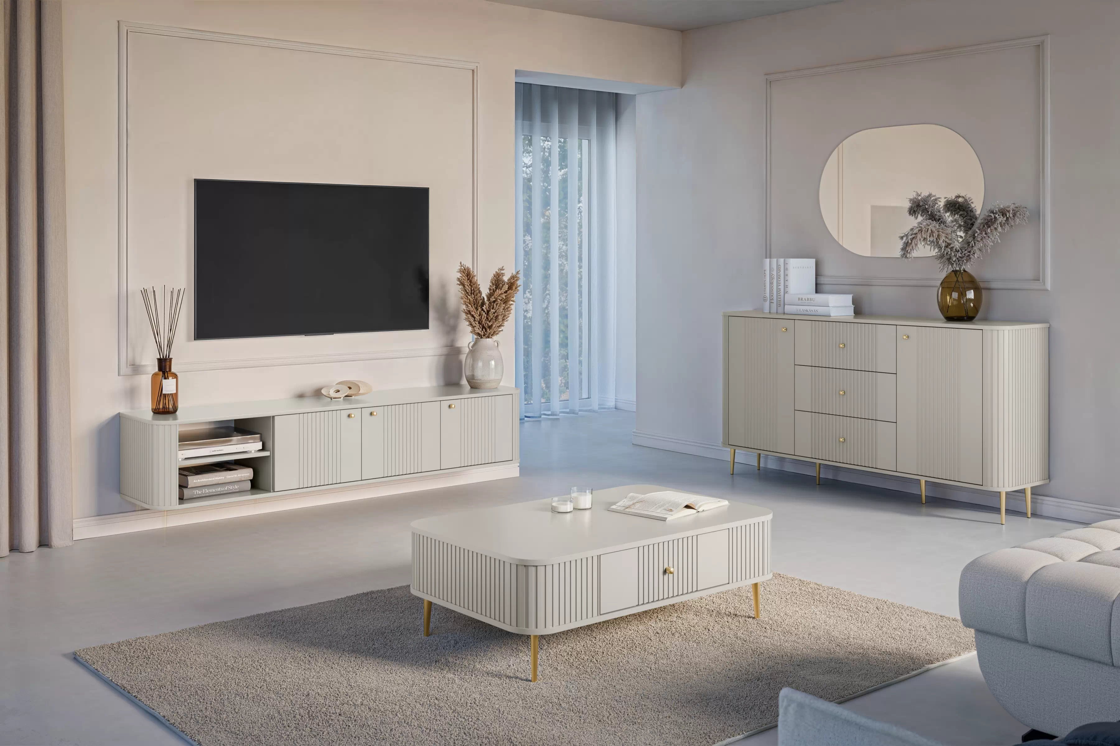 Závesný TV stolík Vespera 3D 187 cm - kašmírová / zlatá TV skrinka závesná Vespera 3D 187 cm - kašmír / zlote úchyty