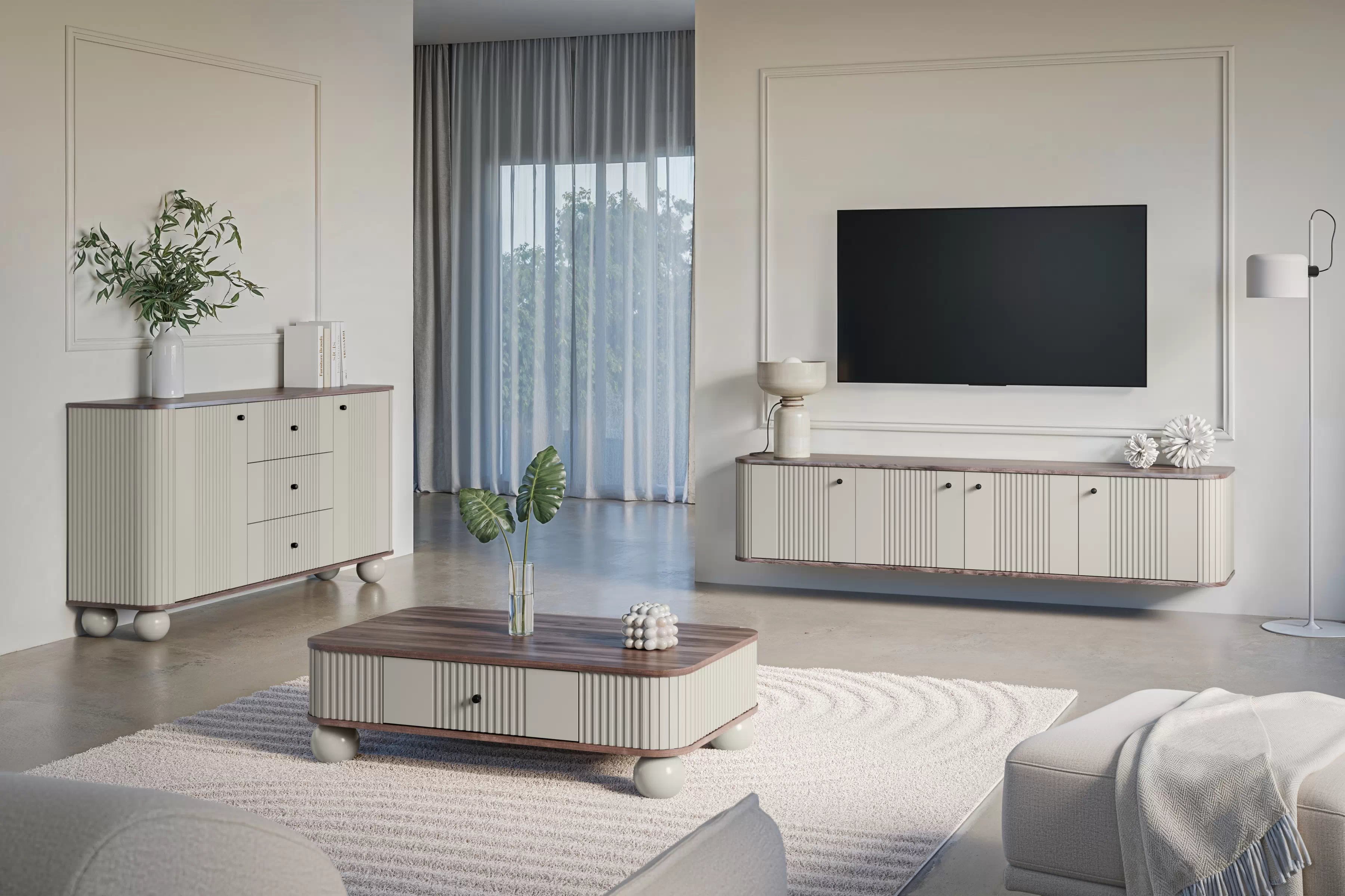 Závěsný TV stolek Vesper 4D 187 cm - kašmírový / dekor ořech / černé úchytky Skříňka RTV závěsná Vespera 4D 187 cm - kašmír / ořech / černá Úchytky