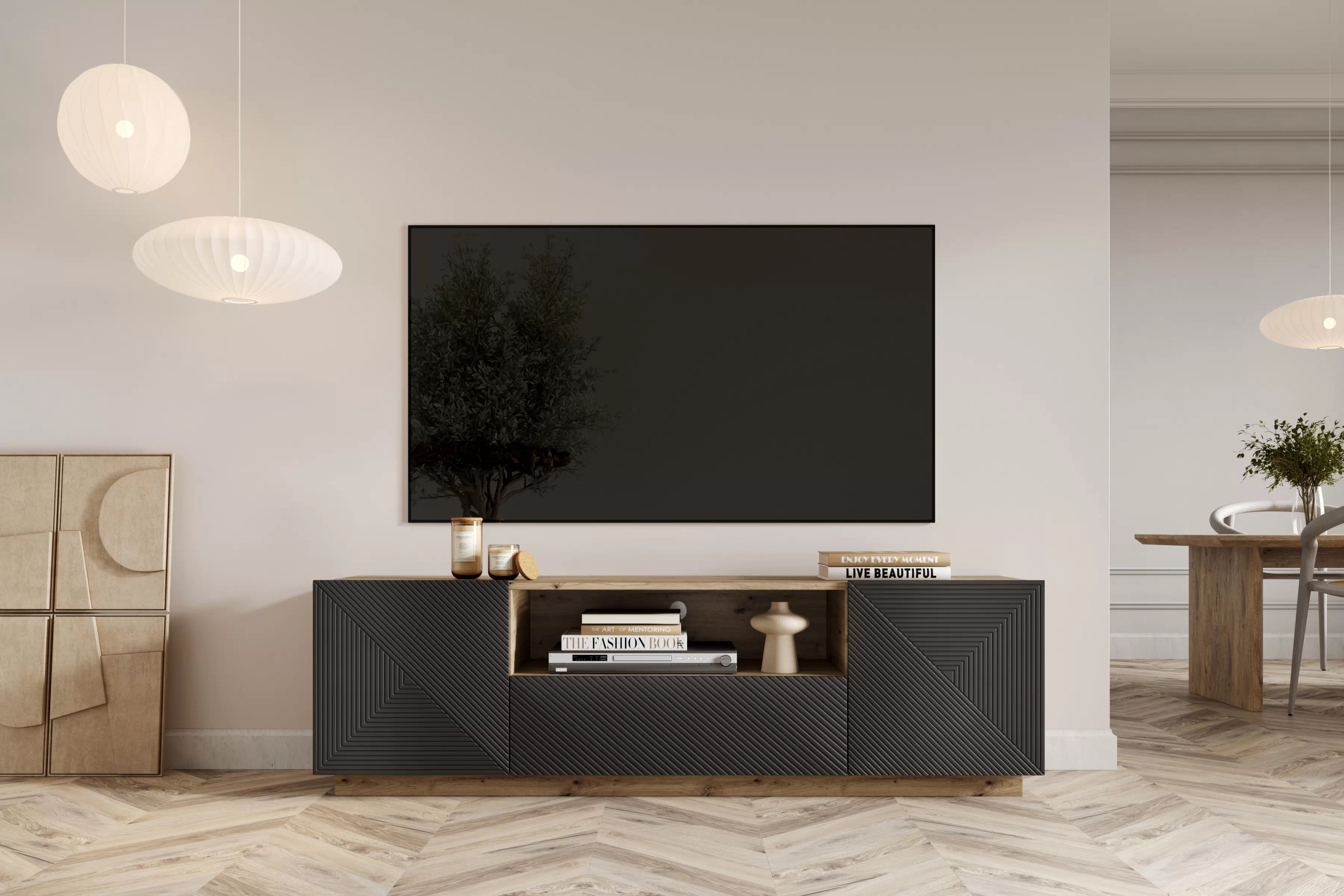TV stolík Asha 167 cm s otvorenou policou - artisan / rivier stone mat TV skrinka z szuflada Asha 167 cm - artisan / rivier stone mat