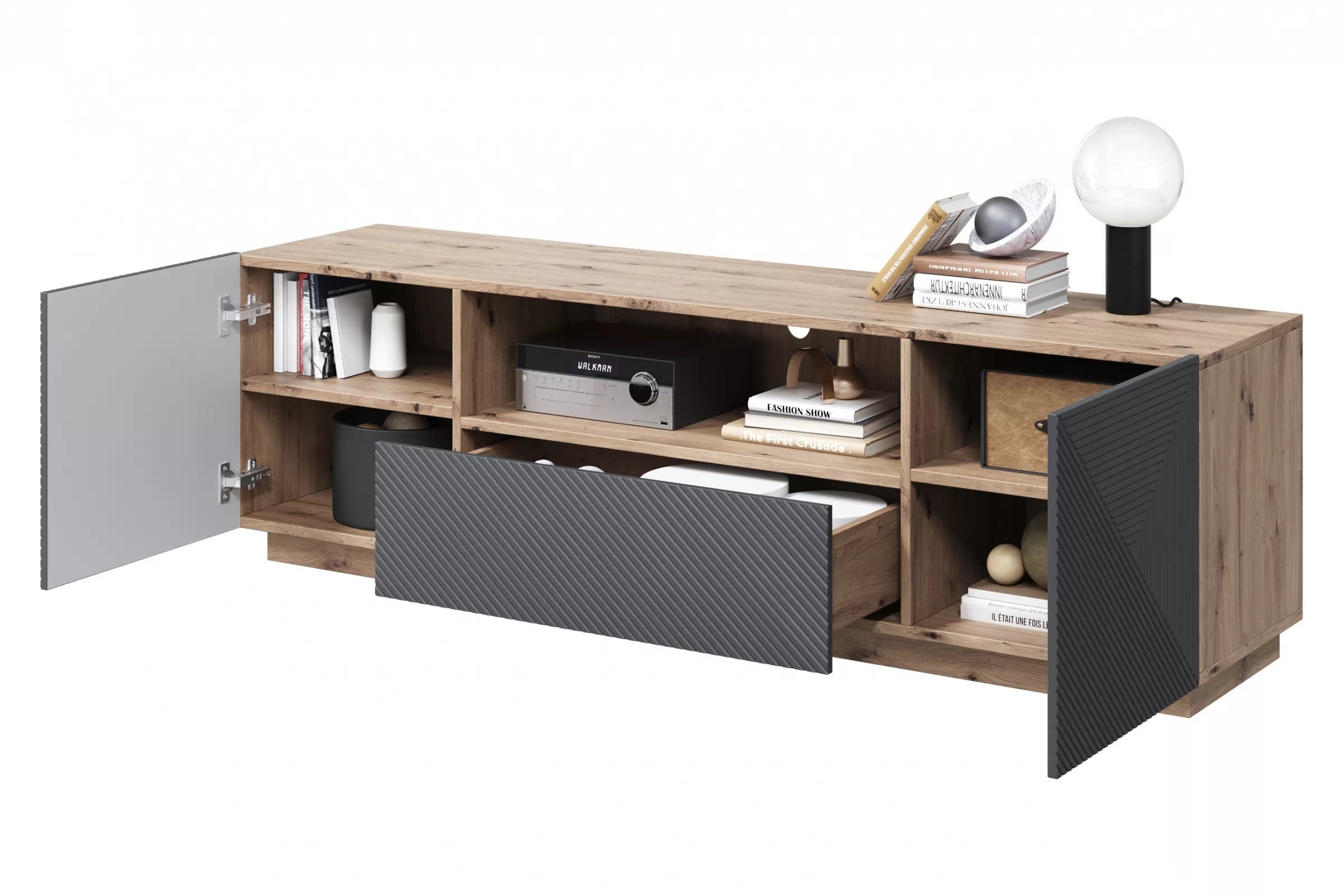 TV stolík Asha 167 cm s otvorenou policou - artisan / rivier stone mat TV skrinka z szuflada Asha 167 cm - artisan / rivier stone mat